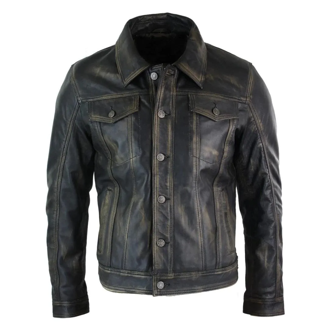 Mens Vintage Retro Jeans Jacket Style Real Leather Short Washed Biker