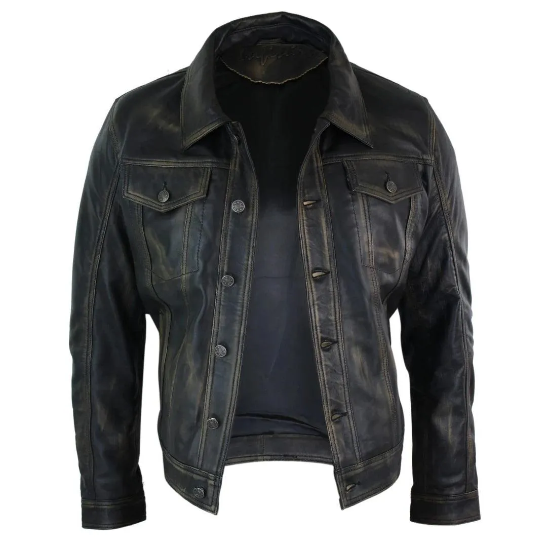 Mens Vintage Retro Jeans Jacket Style Real Leather Short Washed Biker