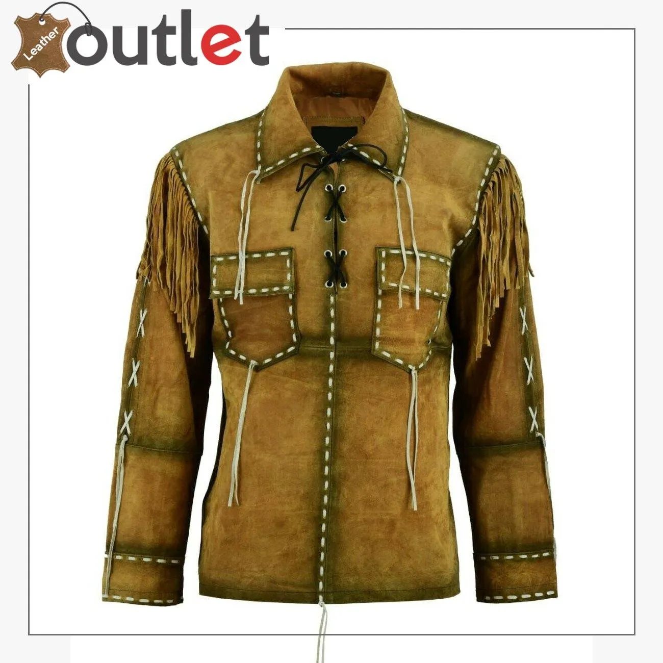 Mens Western Cowboy Brown Suede Leather Jacket Shirt With Fringe