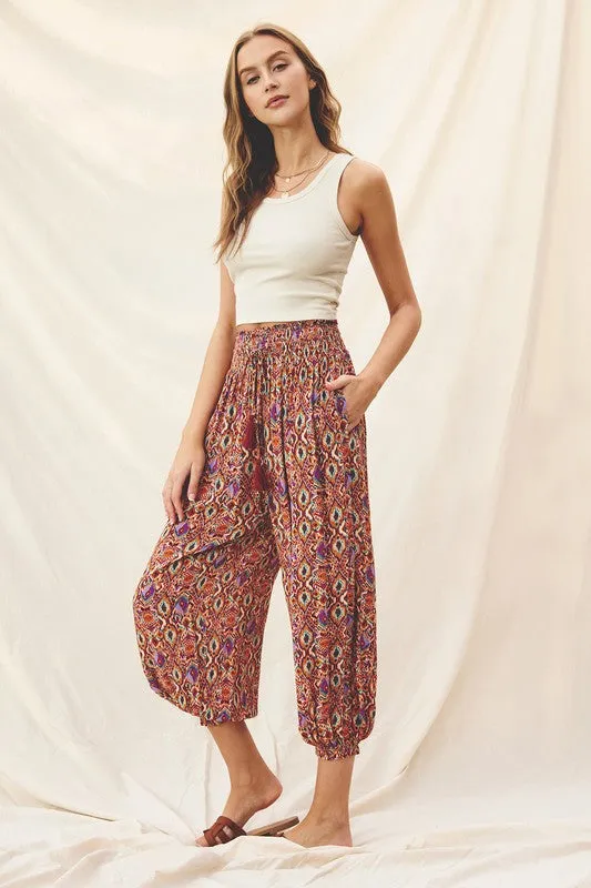 Mirage Print Smocked Waist Slouchy Pants