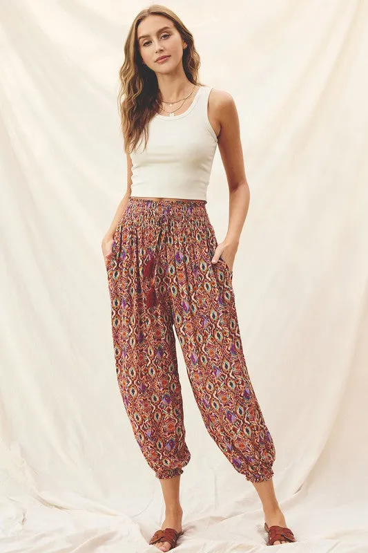 Mirage Print Smocked Waist Slouchy Pants