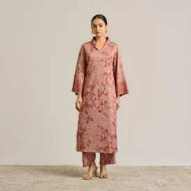 Peach Contemporary Woollen Kurta Set with Shawl Collar