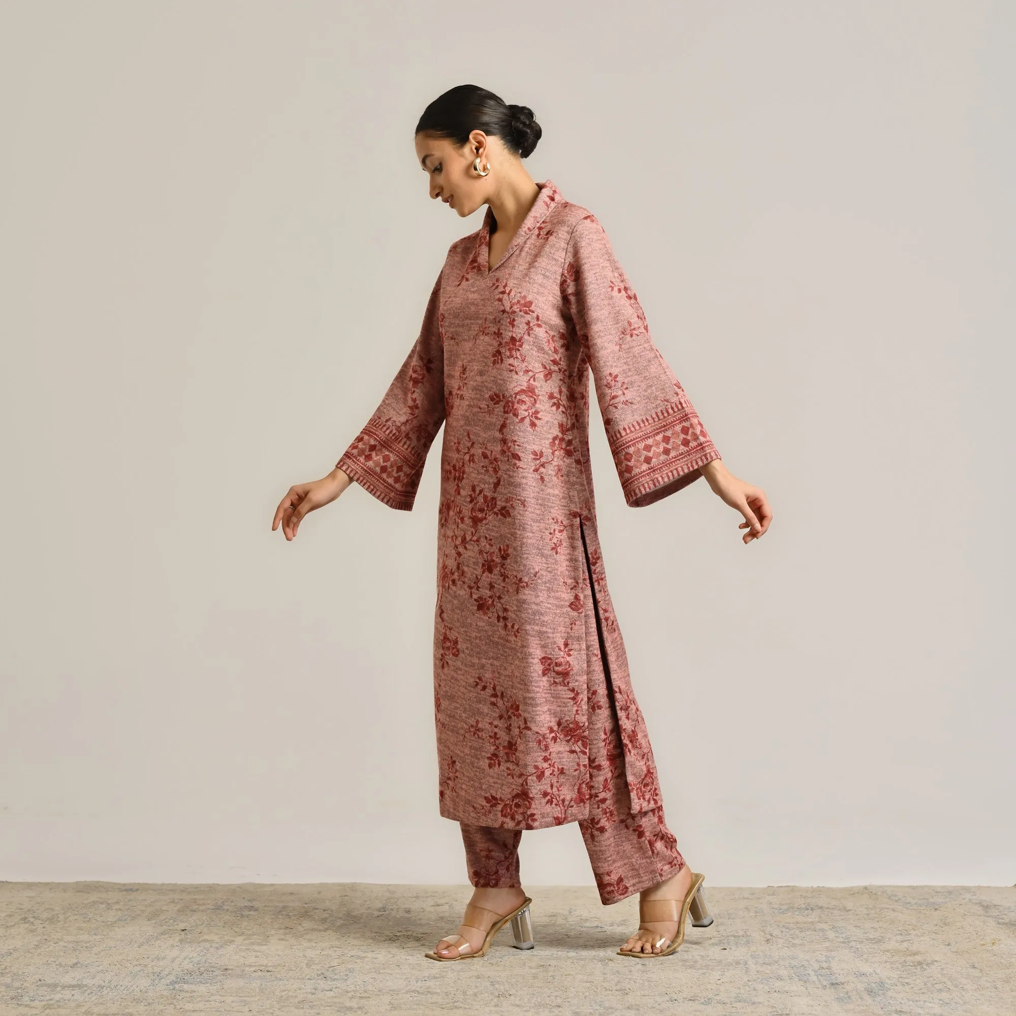 Peach Contemporary Woollen Kurta Set with Shawl Collar