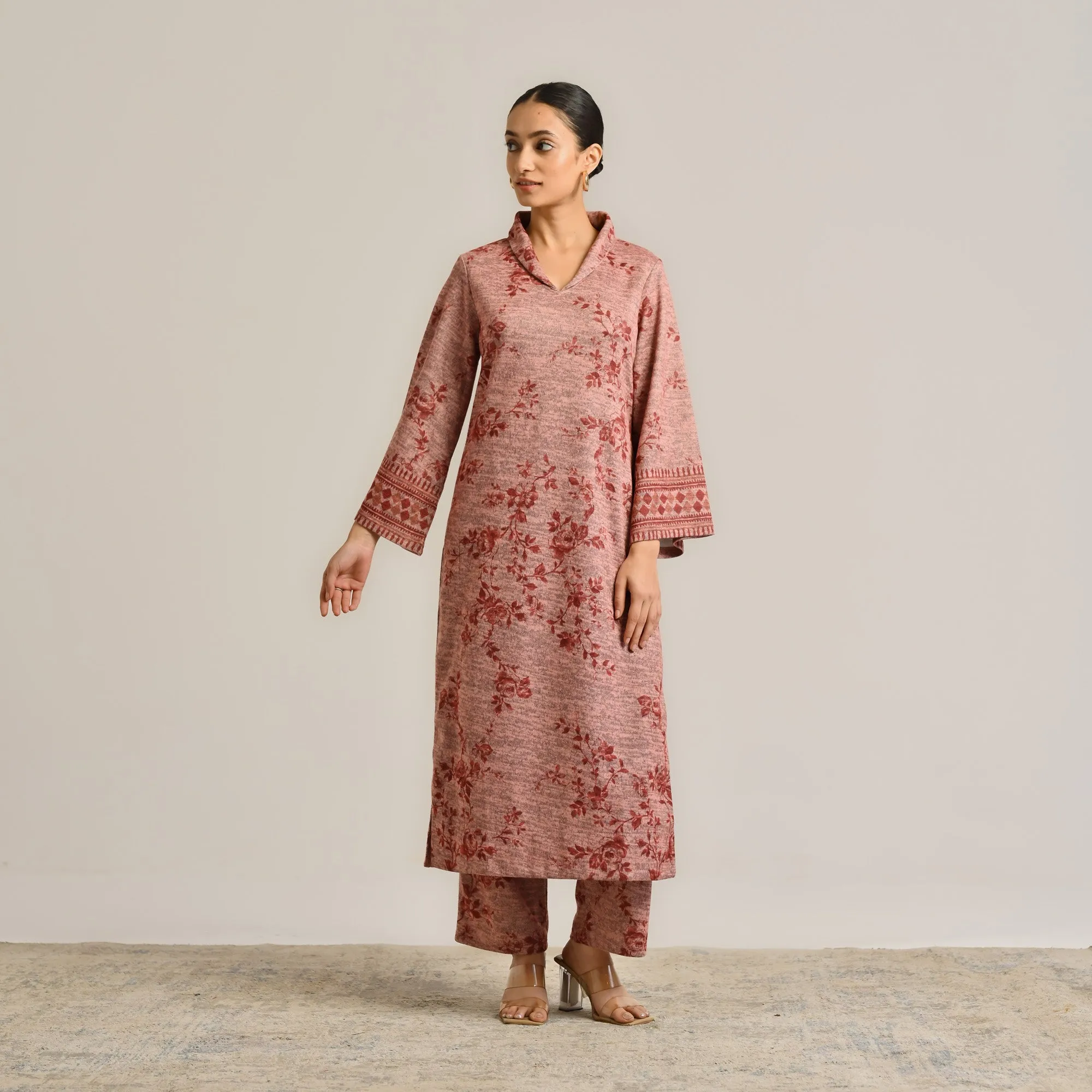 Peach Contemporary Woollen Kurta Set with Shawl Collar