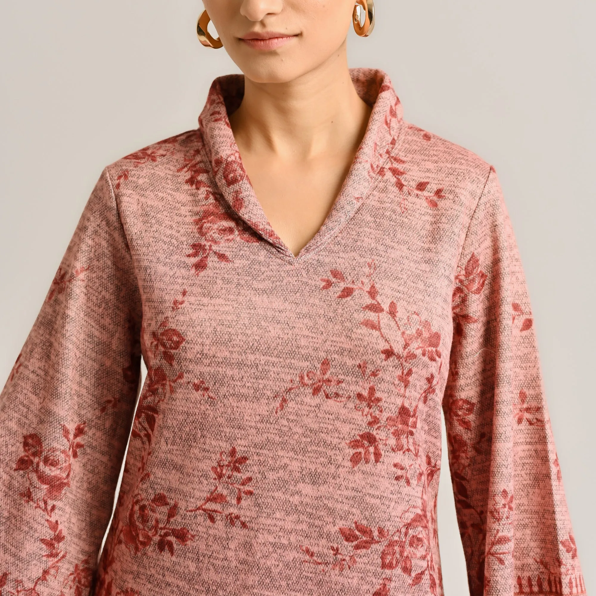 Peach Contemporary Woollen Kurta Set with Shawl Collar