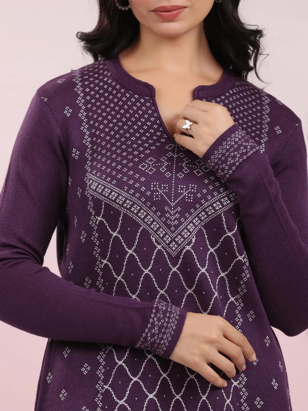 Purple Woolen Knitted Geometric Straight Winter Kurta Set