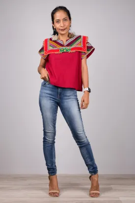 Red kaftan tunic top with hill tribe fabric shoulder part