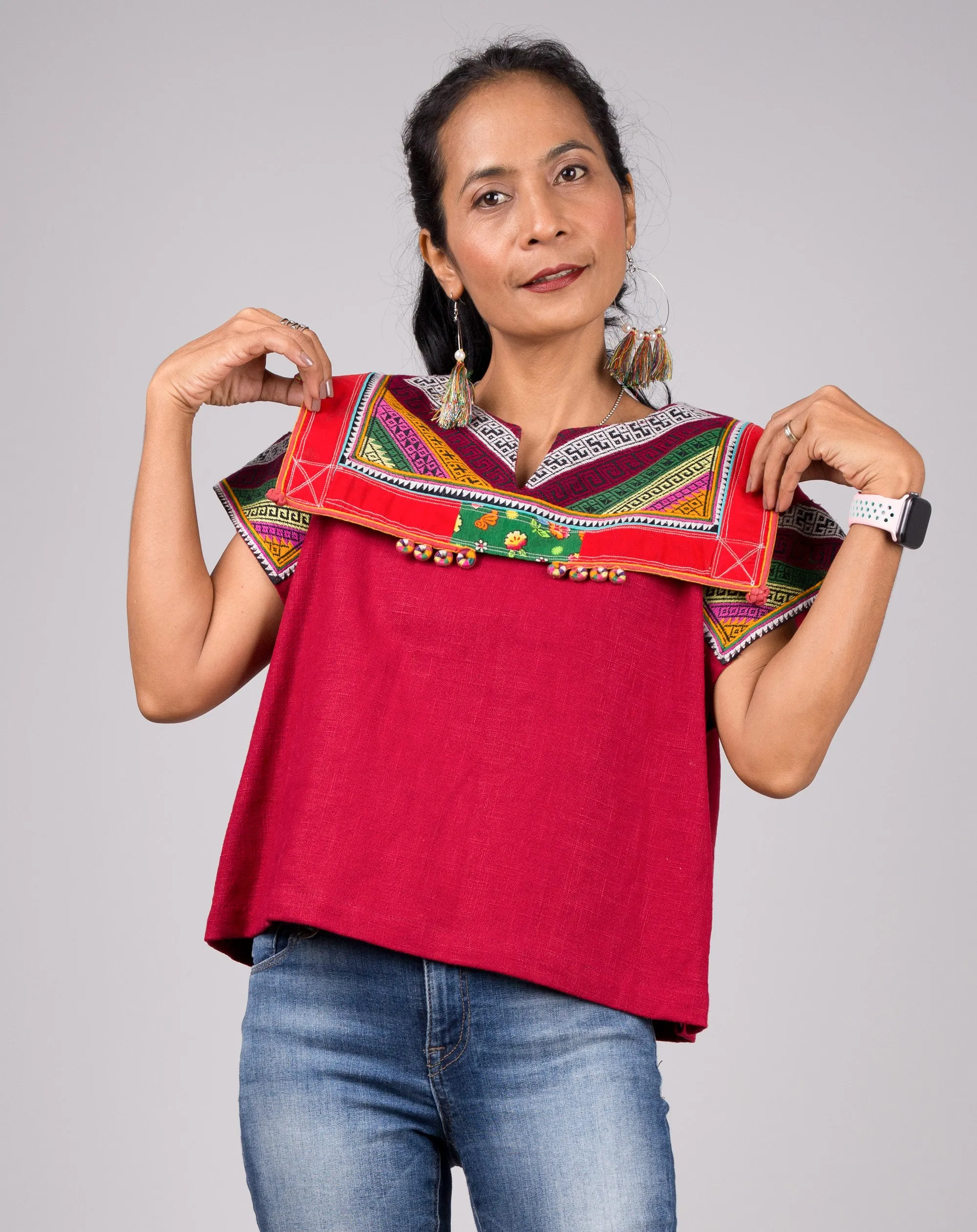 Red kaftan tunic top with hill tribe fabric shoulder part