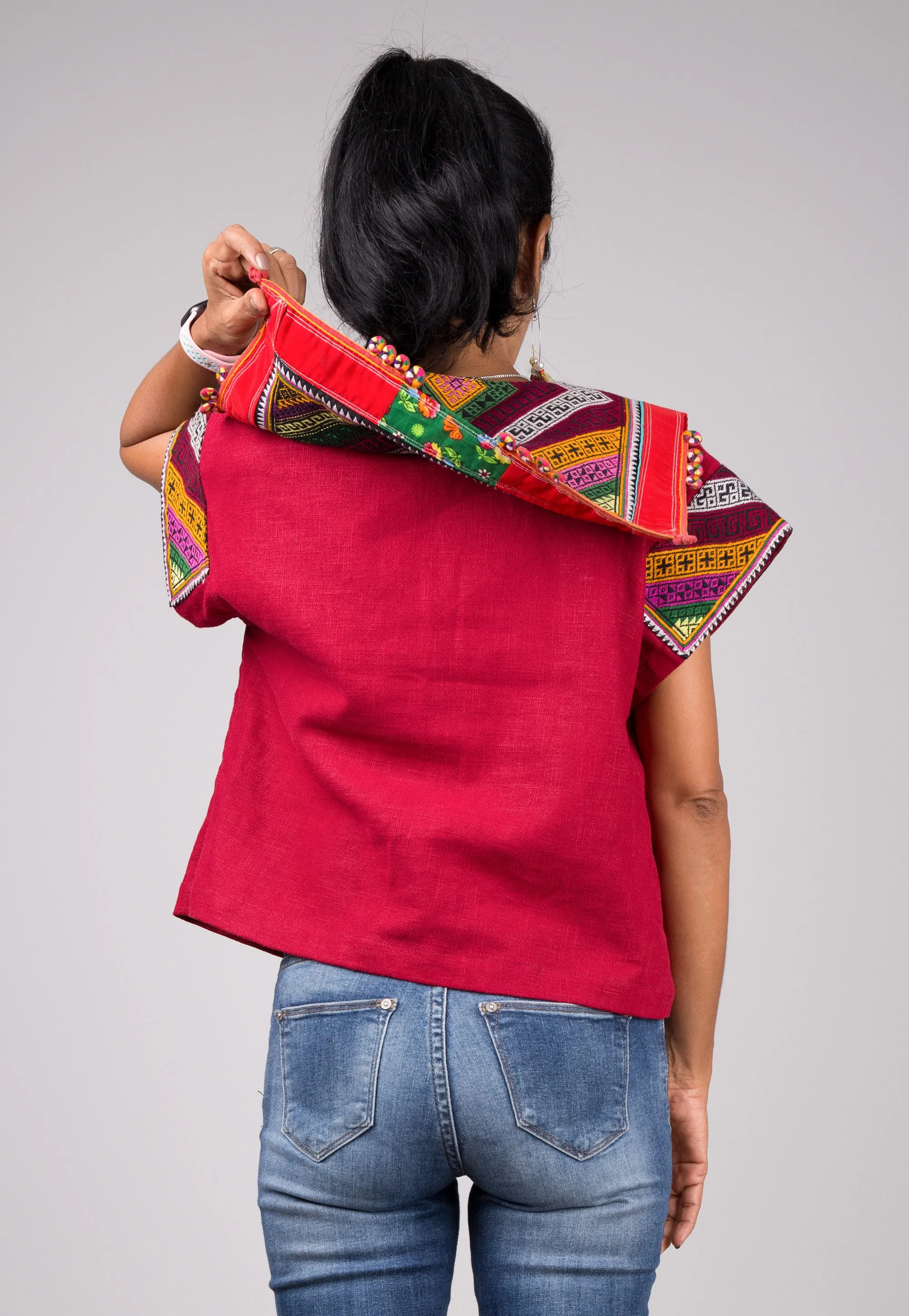 Red kaftan tunic top with hill tribe fabric shoulder part