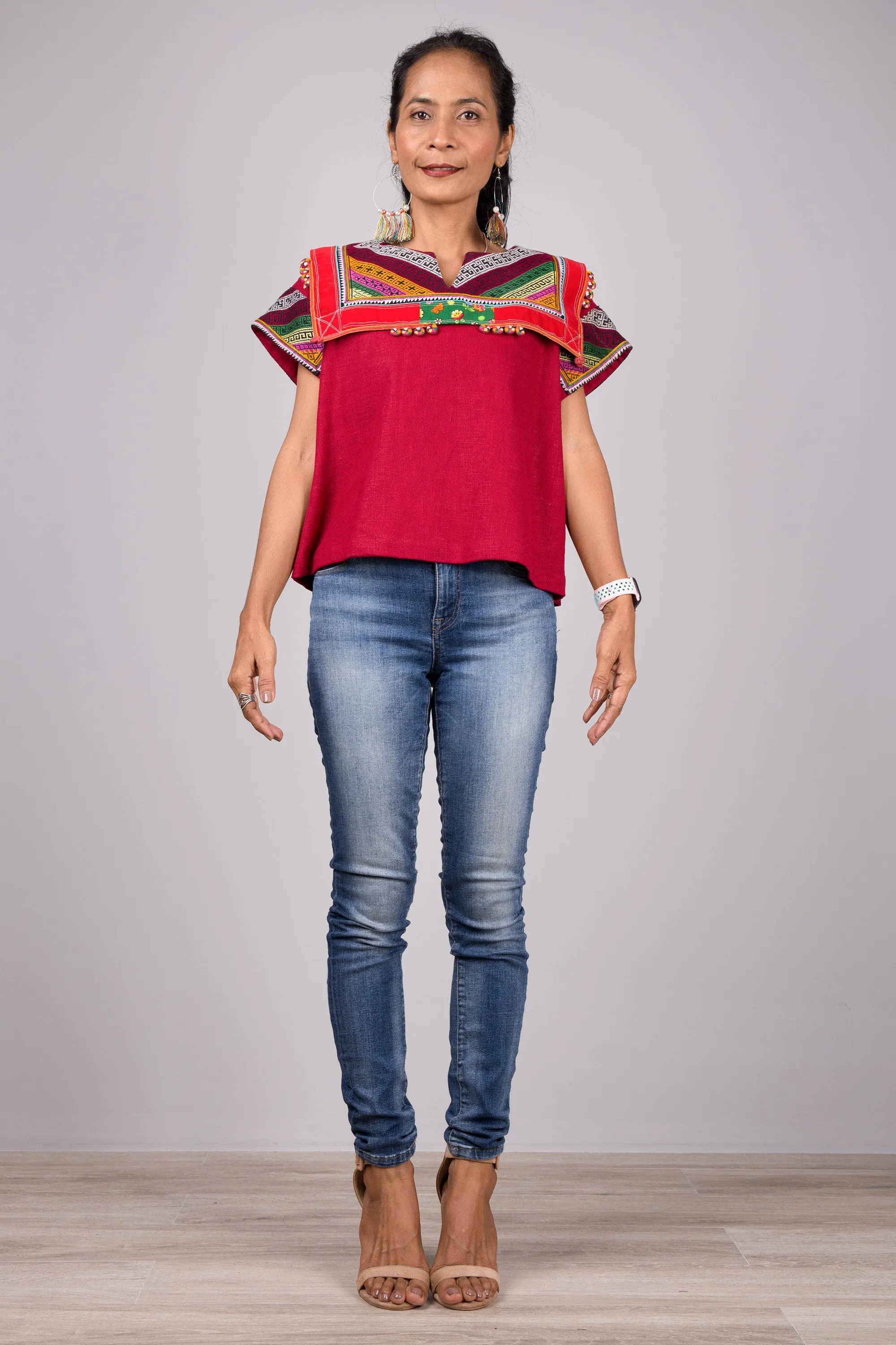 Red kaftan tunic top with hill tribe fabric shoulder part