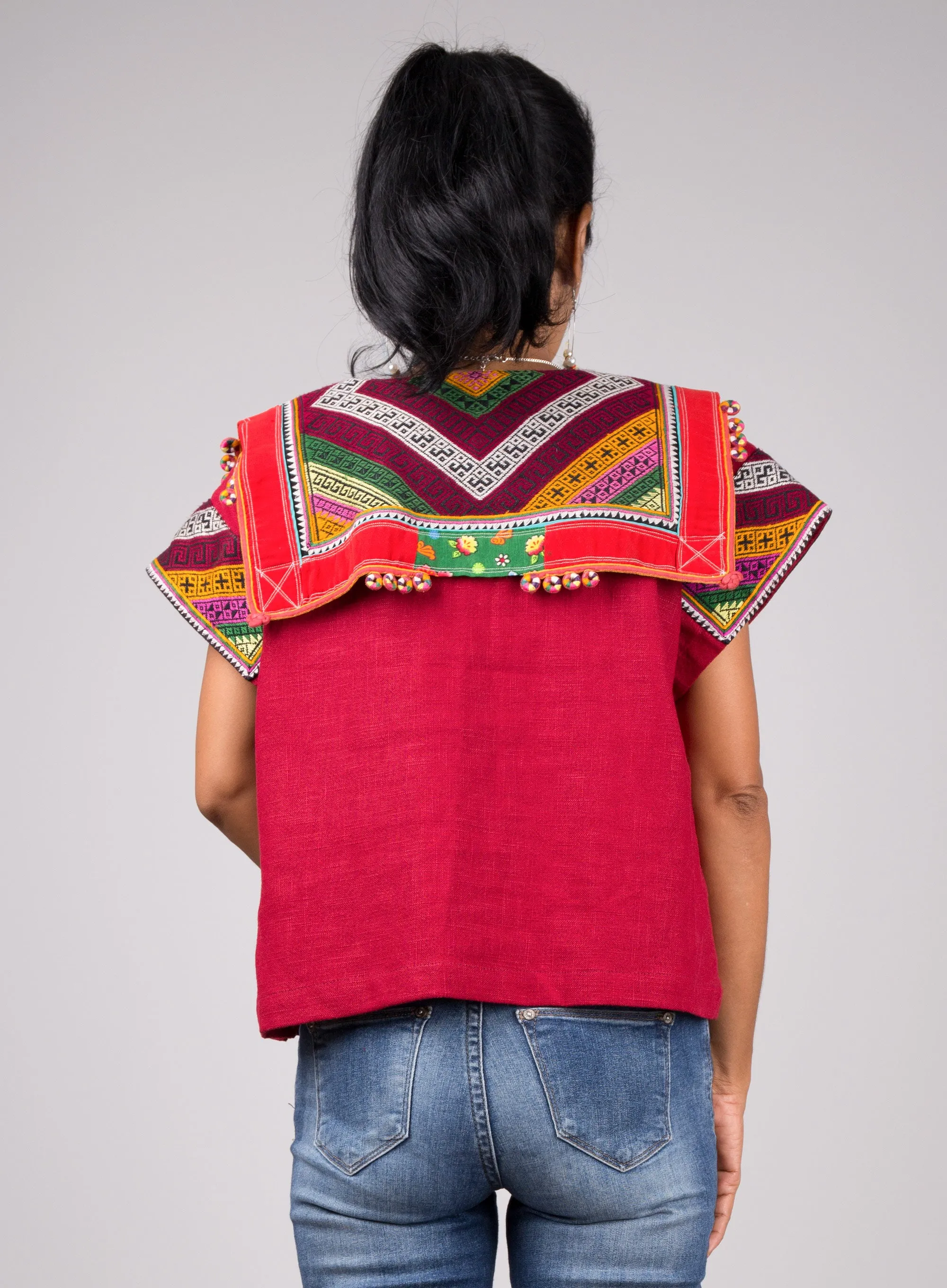 Red kaftan tunic top with hill tribe fabric shoulder part