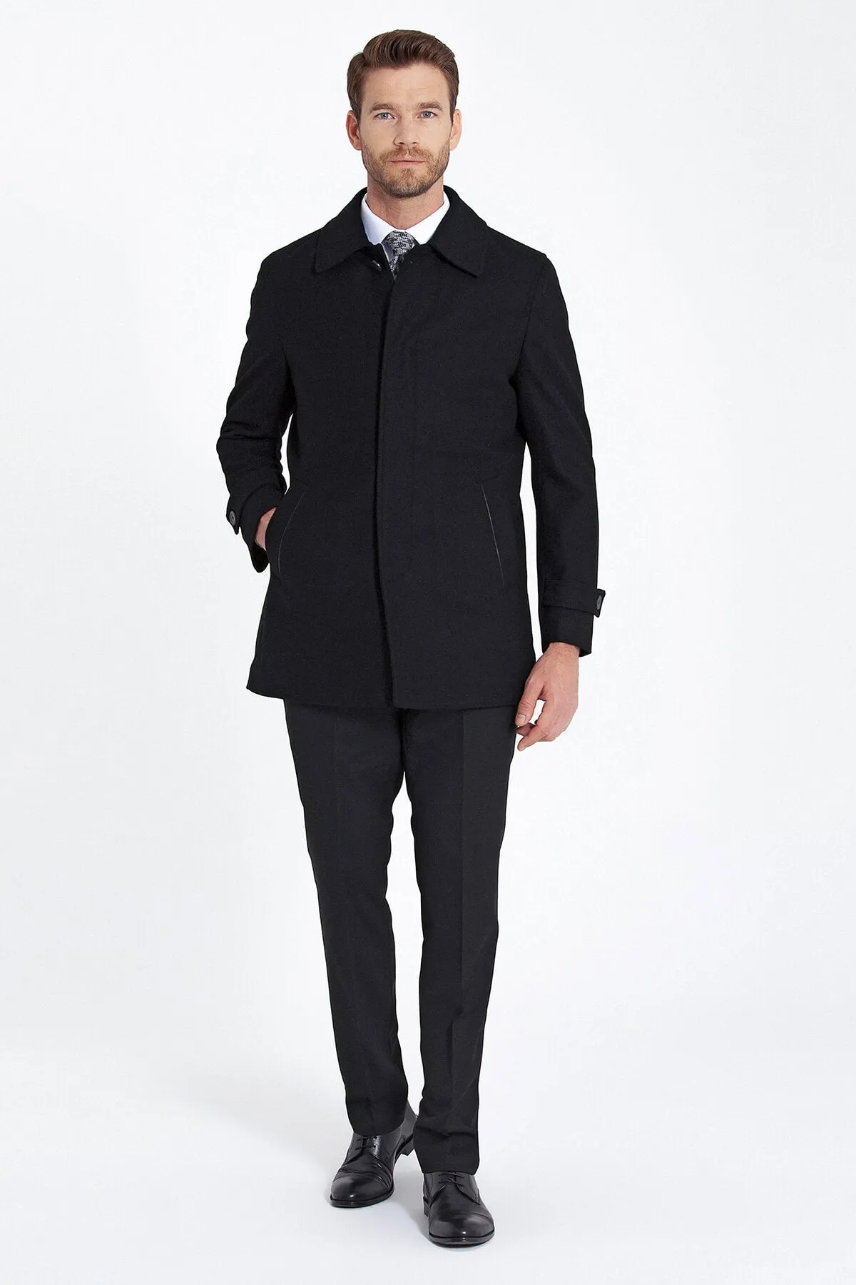 Regular Fit Flat Collar Wool Blend Black Coat