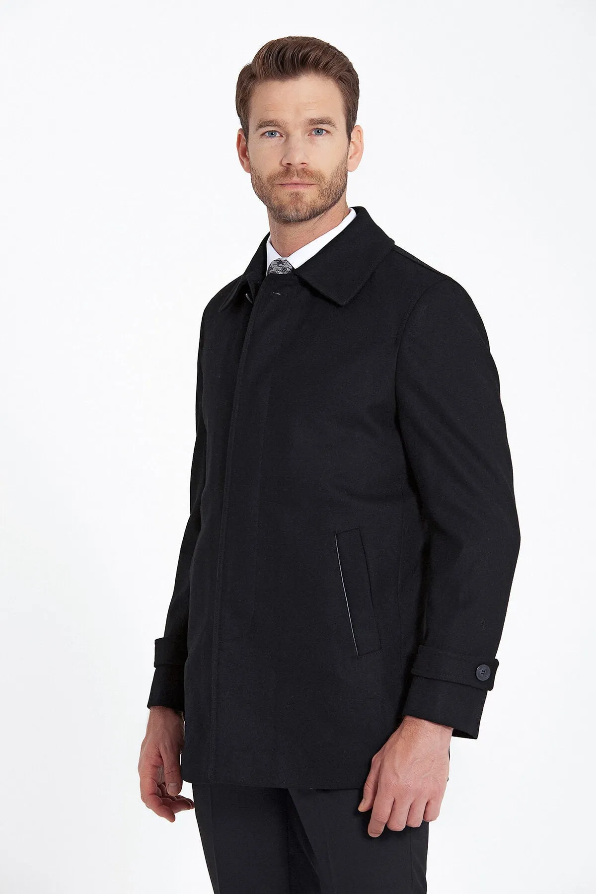 Regular Fit Flat Collar Wool Blend Black Coat