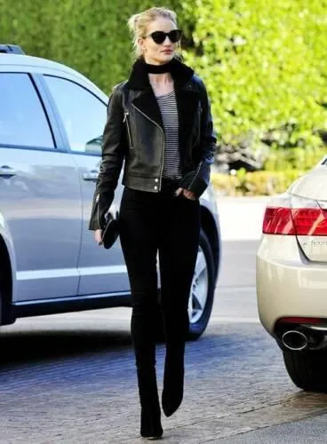 Rosie Huntington Whiteley Black Leather Shearling Jacket For Women