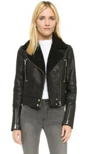 Rosie Huntington Whiteley Black Leather Shearling Jacket For Women