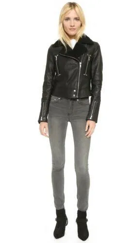 Rosie Huntington Whiteley Black Leather Shearling Jacket For Women