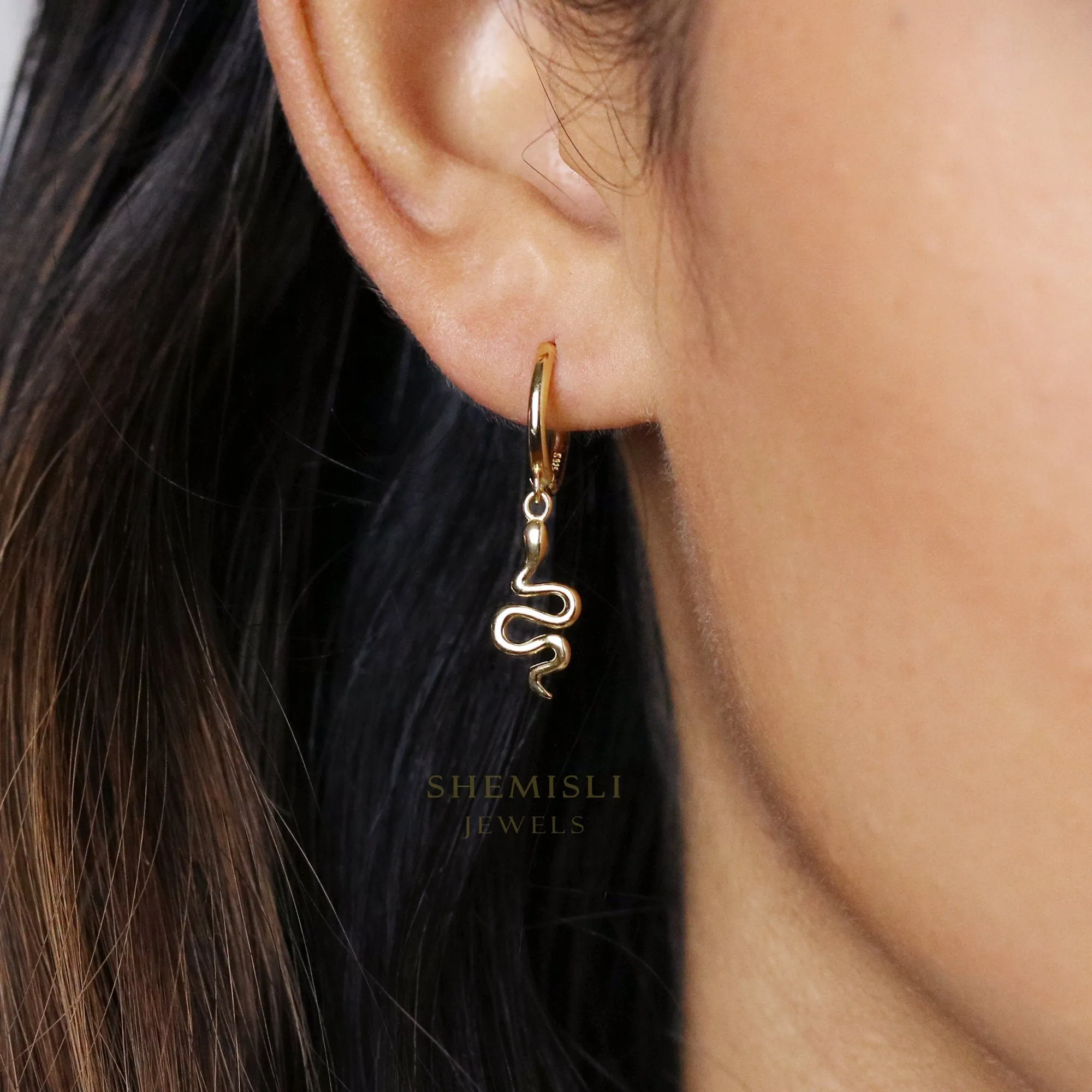 Serpent Dangle Hoop Earrings, Snake Huggies, Unisex, Gold, Silver SHEMISLI - SH206 LR