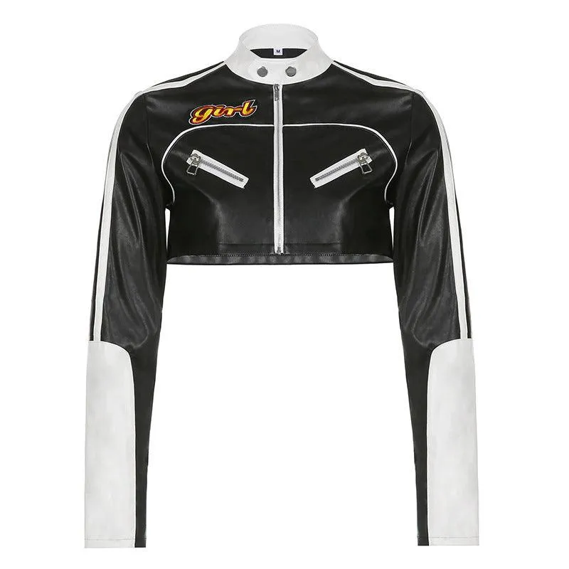 Short motorcycle PU leather jacket