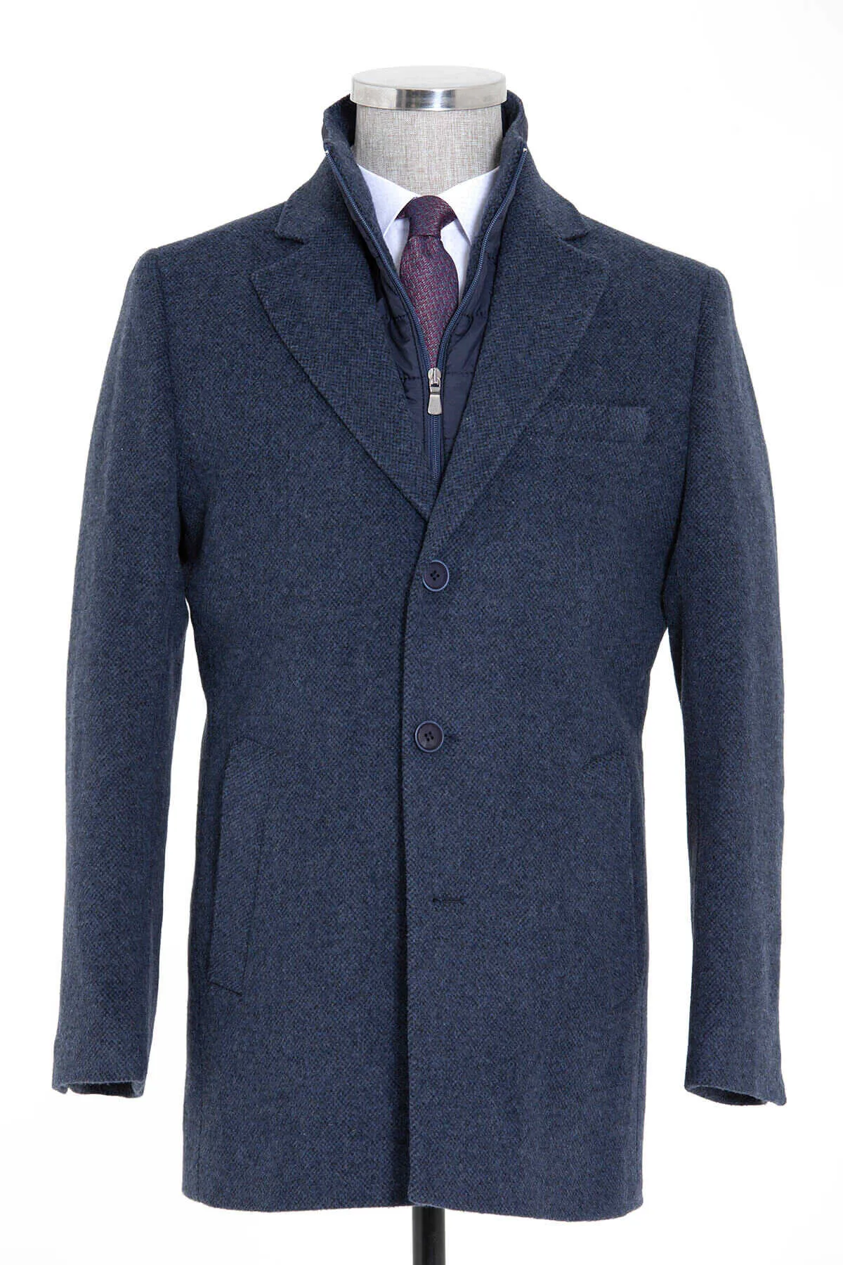 Slim Fit Cachet Rodos Notch Lapel Wool Blend Green Coat, Light Navy D.