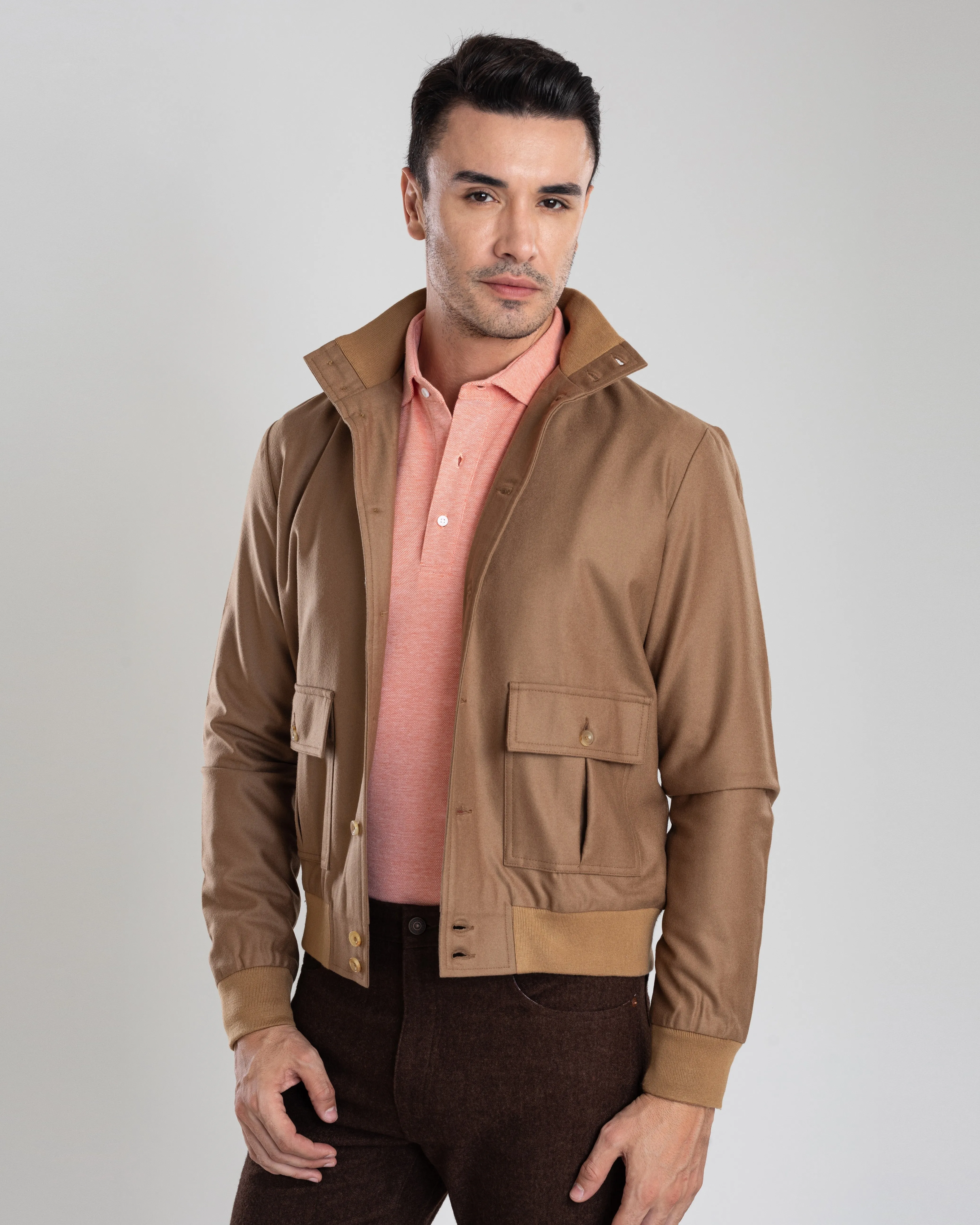 VBC: Sand Woolen Flannel Rib Collar Shirt Jacket