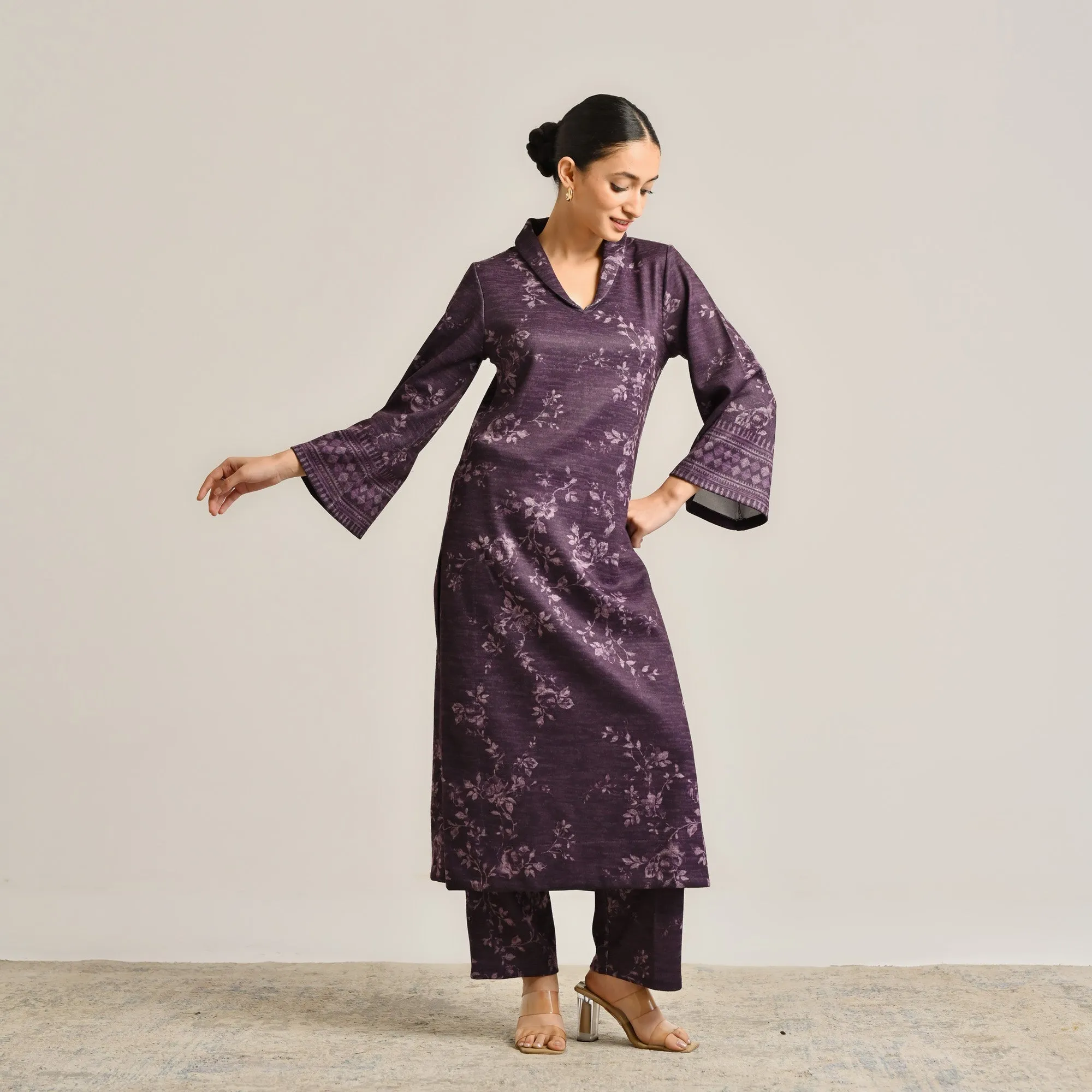 Violet Contemporary Woollen Kurta Set with Shawl Collar