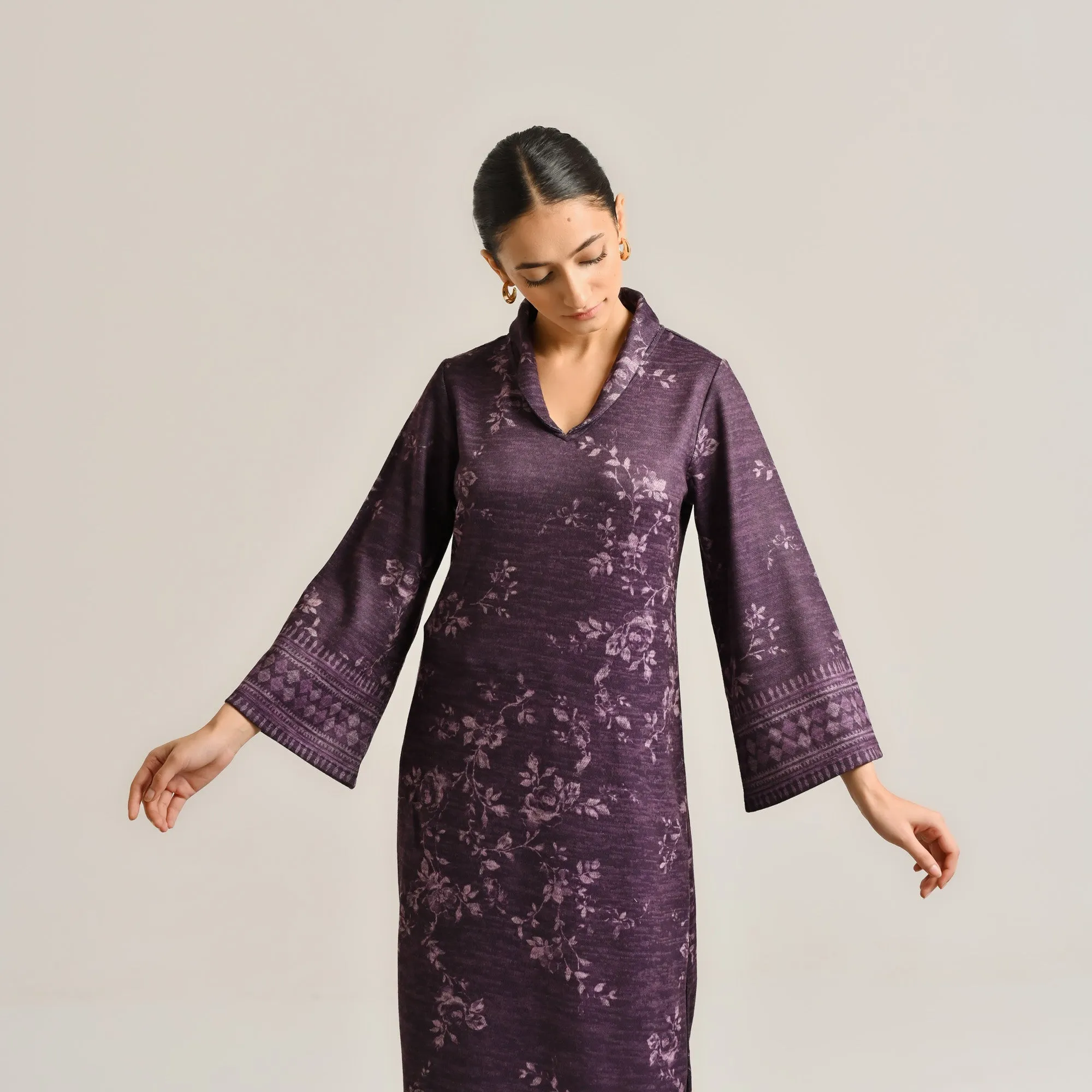 Violet Contemporary Woollen Kurta Set with Shawl Collar