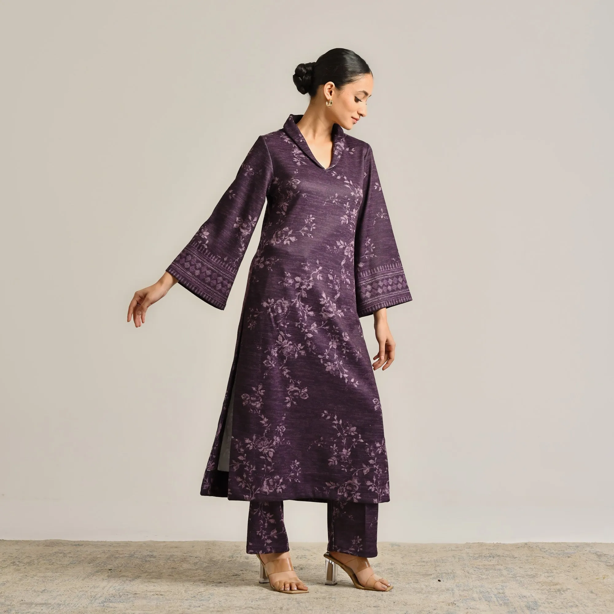 Violet Contemporary Woollen Kurta Set with Shawl Collar