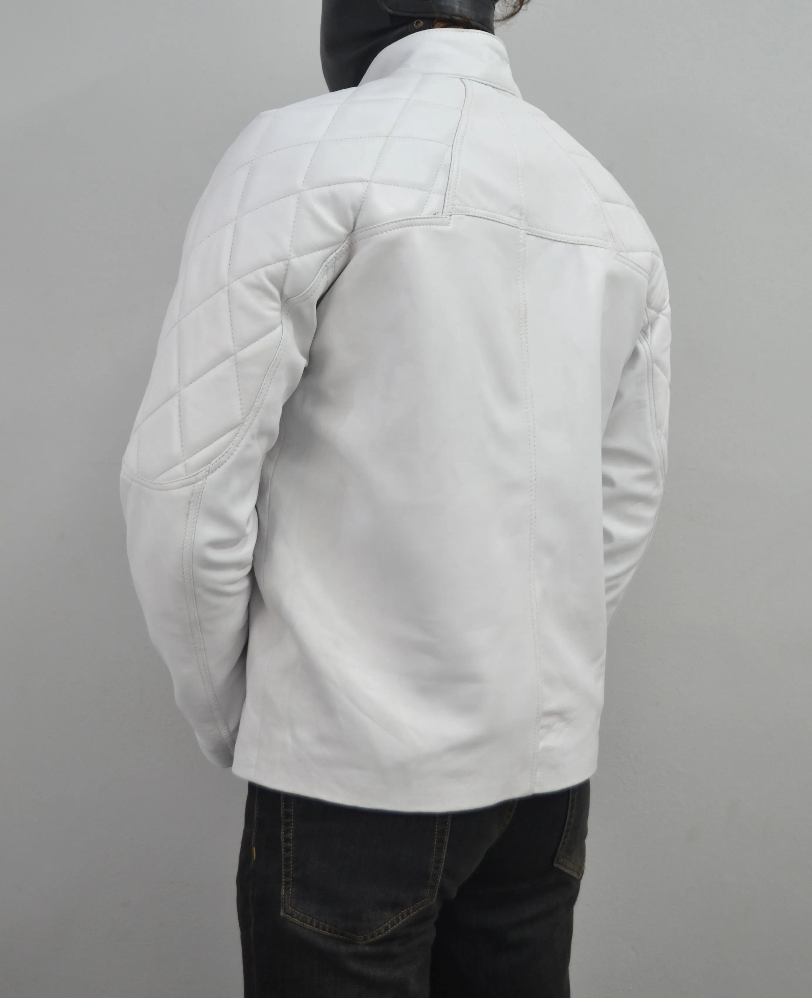 White Designer Mens Quilted Motorcycle Biker Leather Jacket