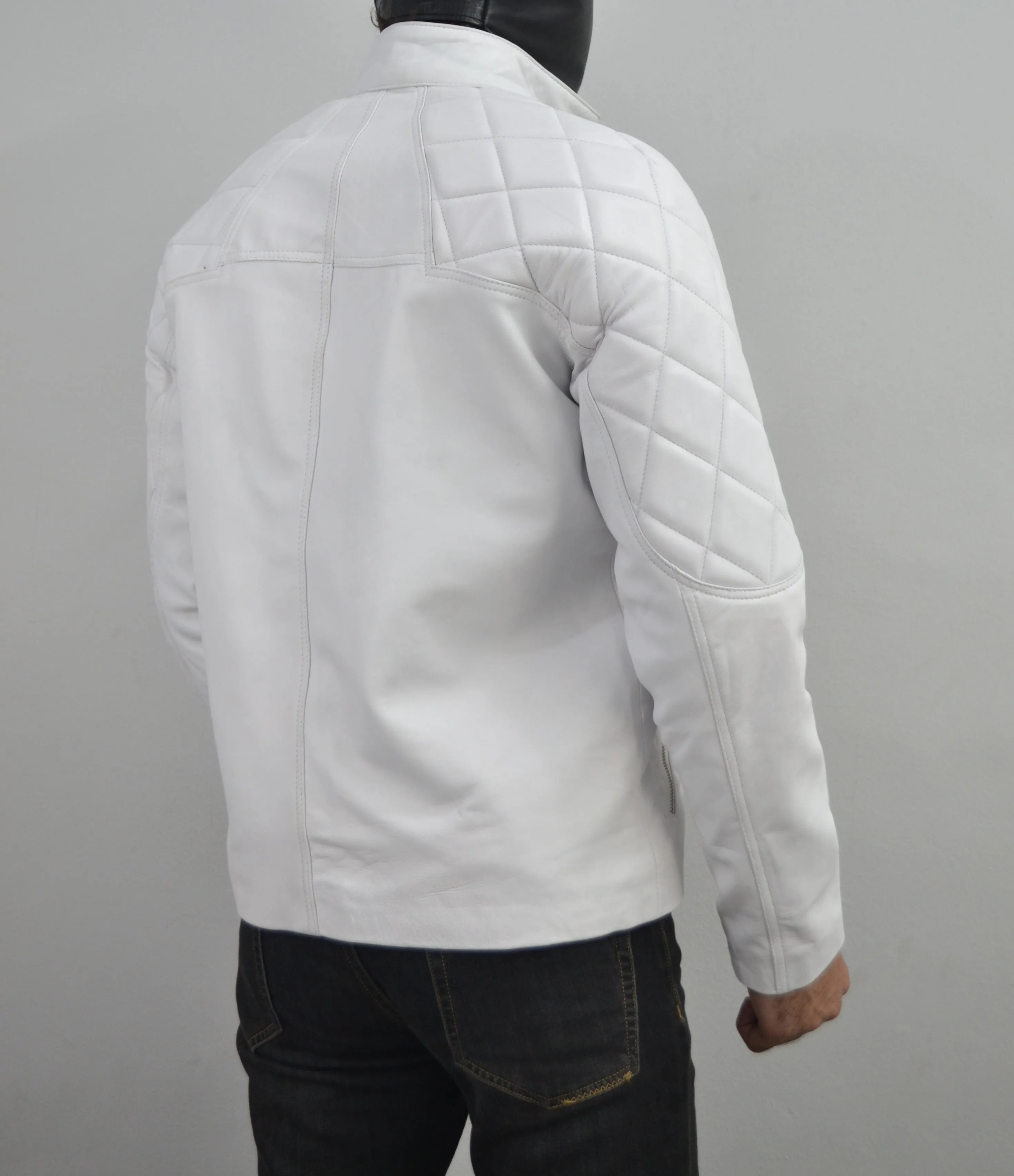 White Designer Mens Quilted Motorcycle Biker Leather Jacket