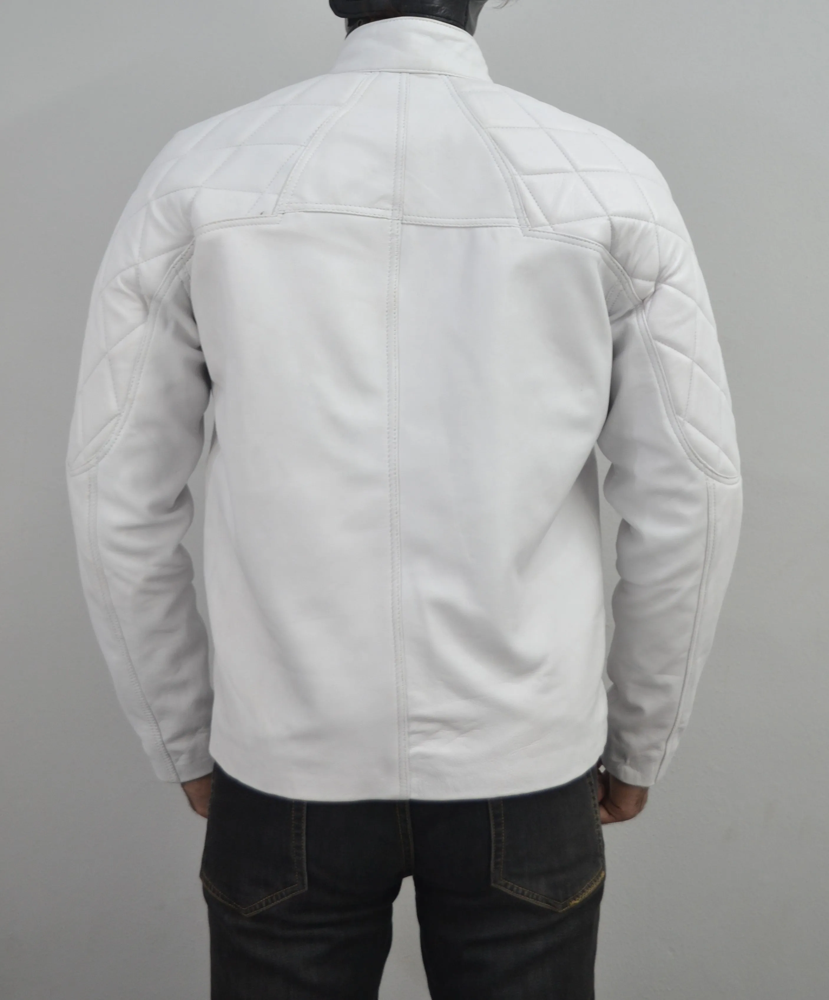 White Designer Mens Quilted Motorcycle Biker Leather Jacket