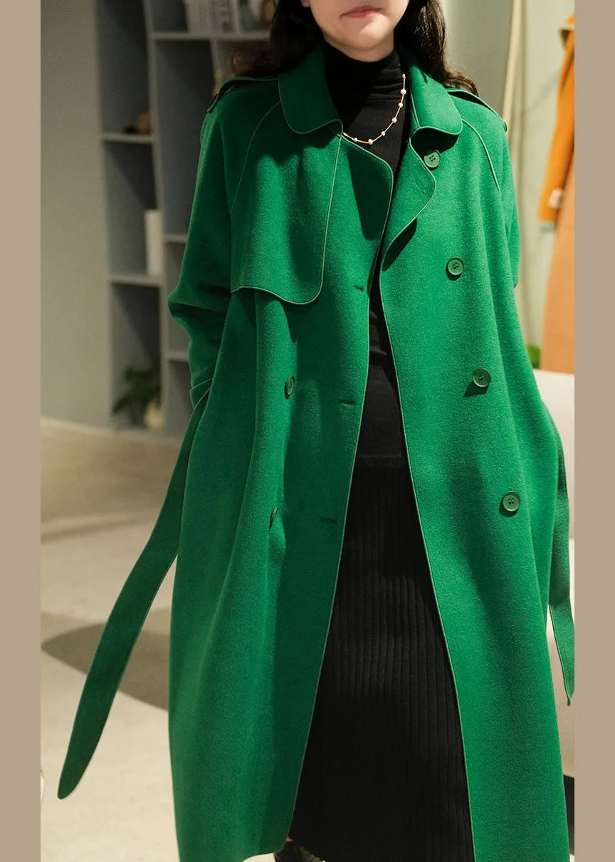 Women Green Peter Pan Collar Solid Color Woolen Trench Coats Winter