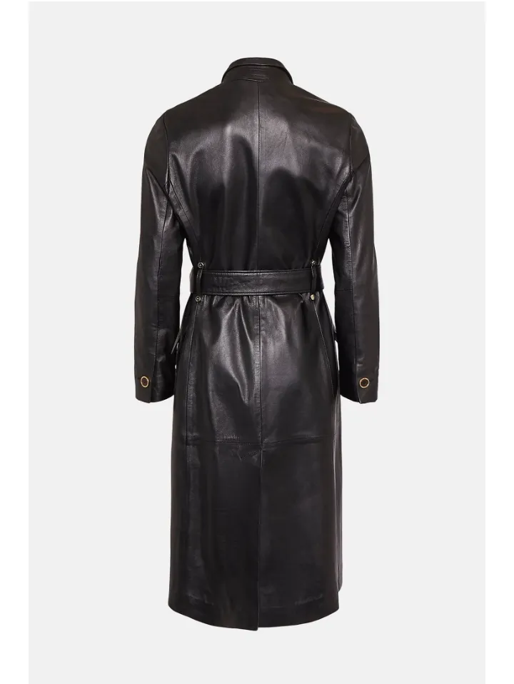 Women’s Black Sheepskin Genuine Leather Trench Coat With Belt