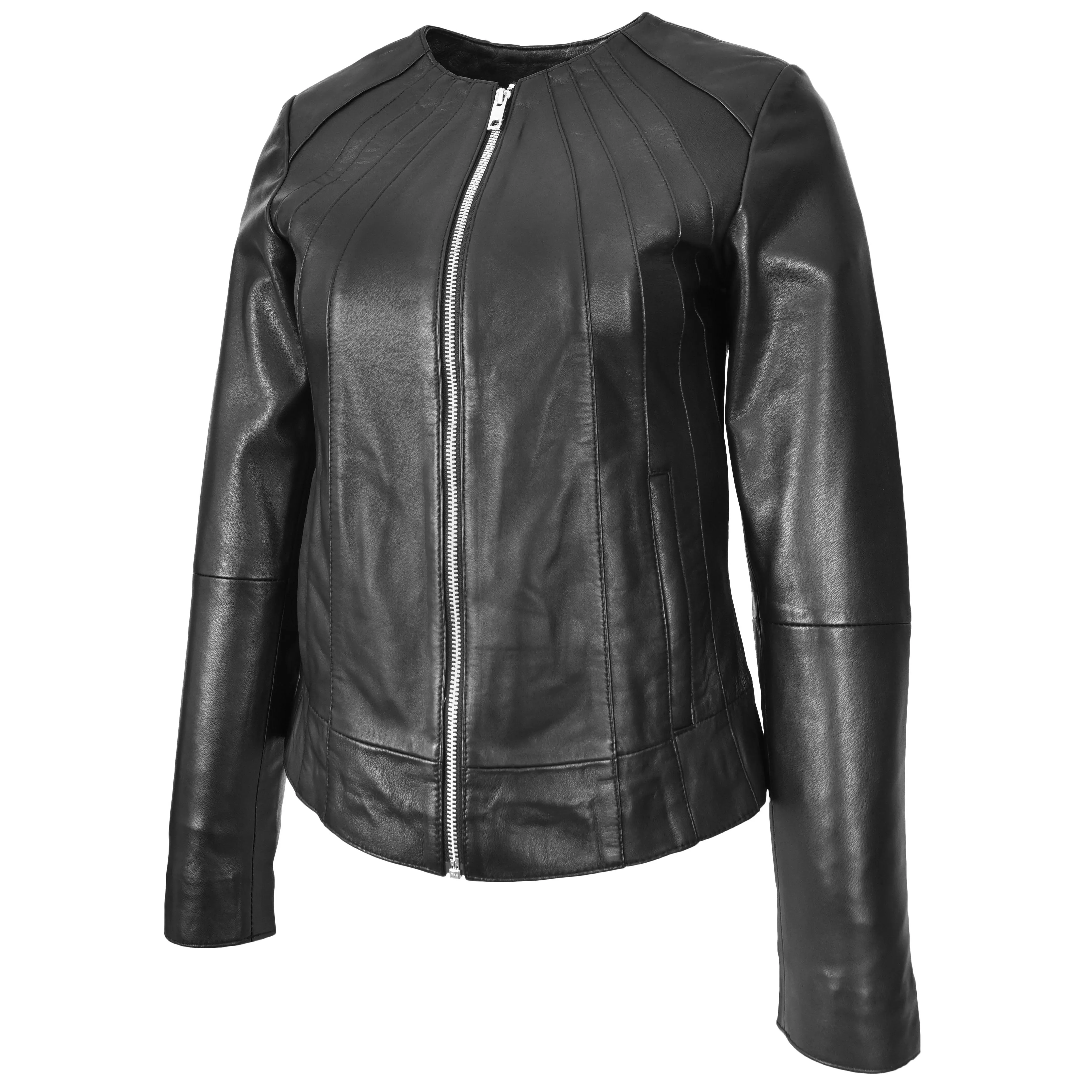 Womens Real Leather Collarless Jacket Classic Style Lottie Black