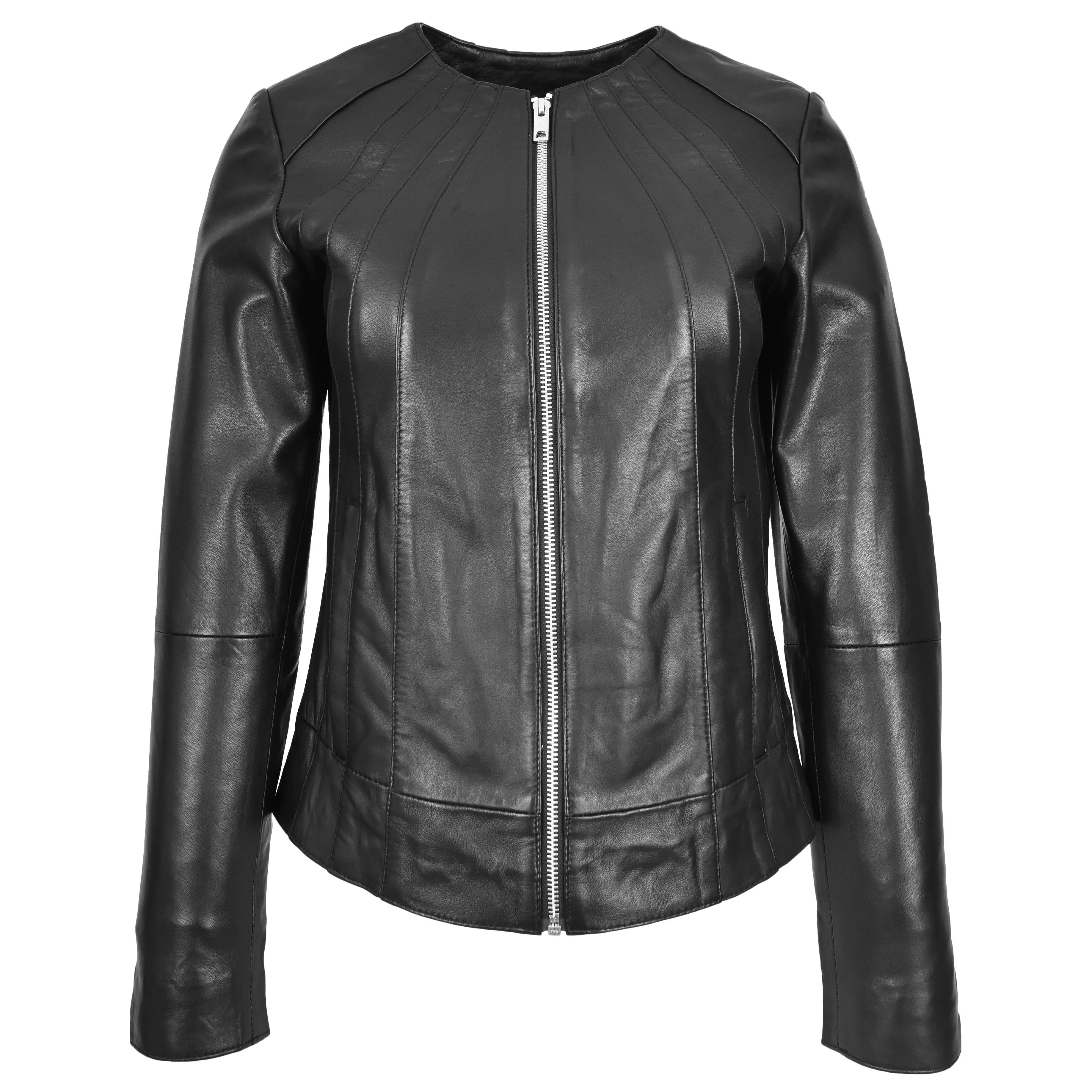 Womens Real Leather Collarless Jacket Classic Style Lottie Black