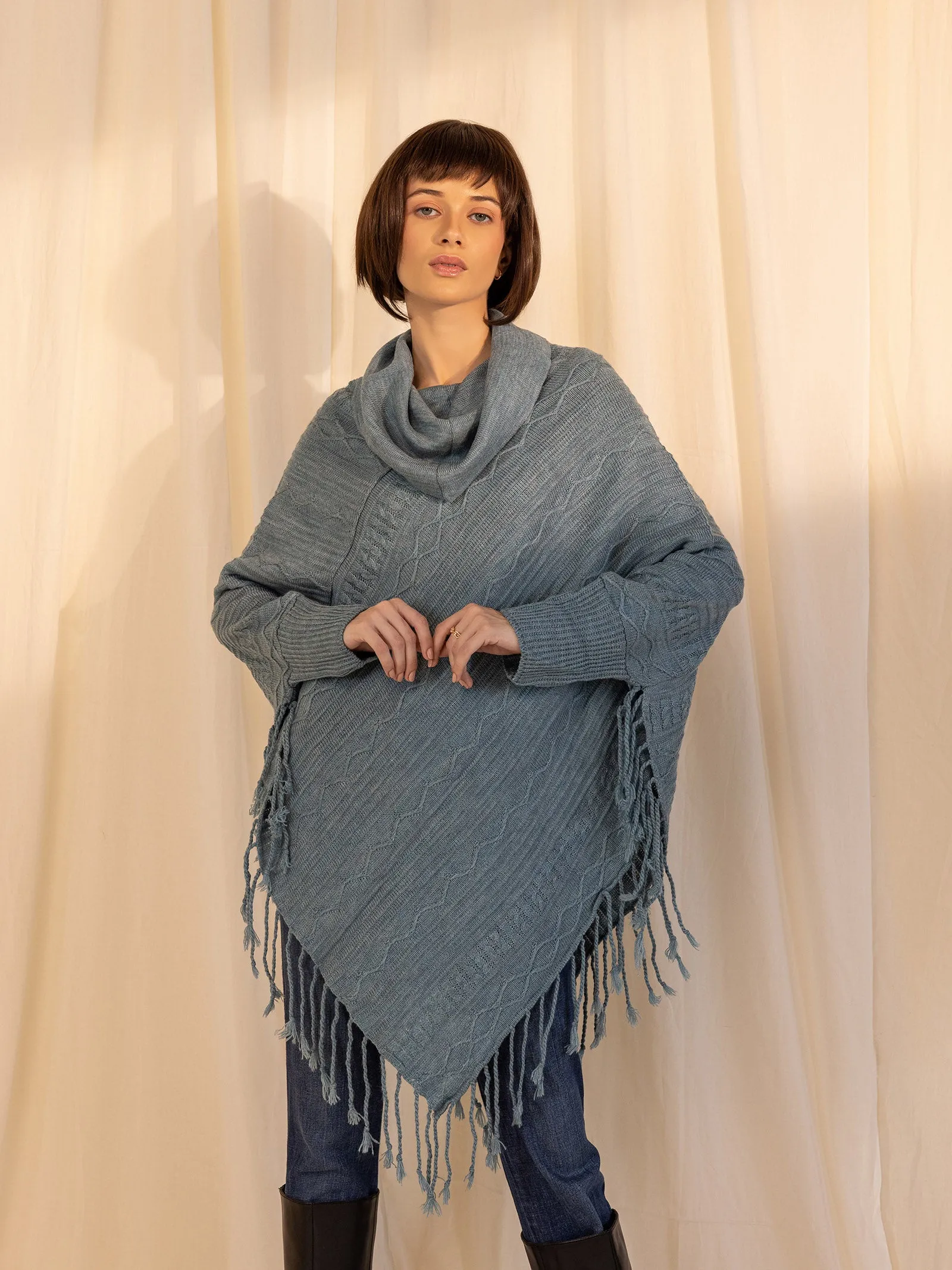 Woolen Cowl Neck Poncho - Iceberg