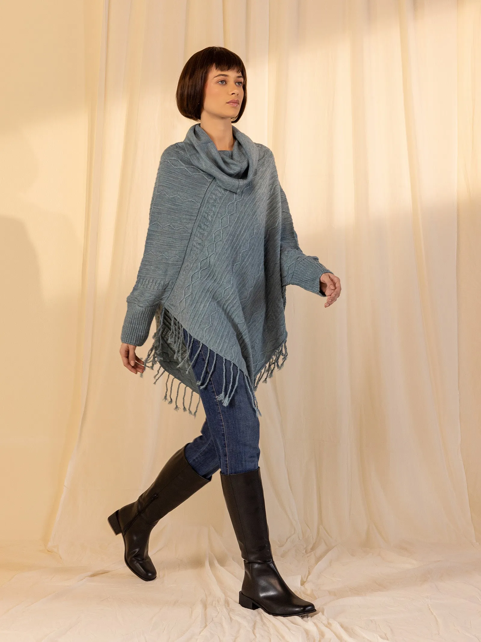 Woolen Cowl Neck Poncho - Iceberg