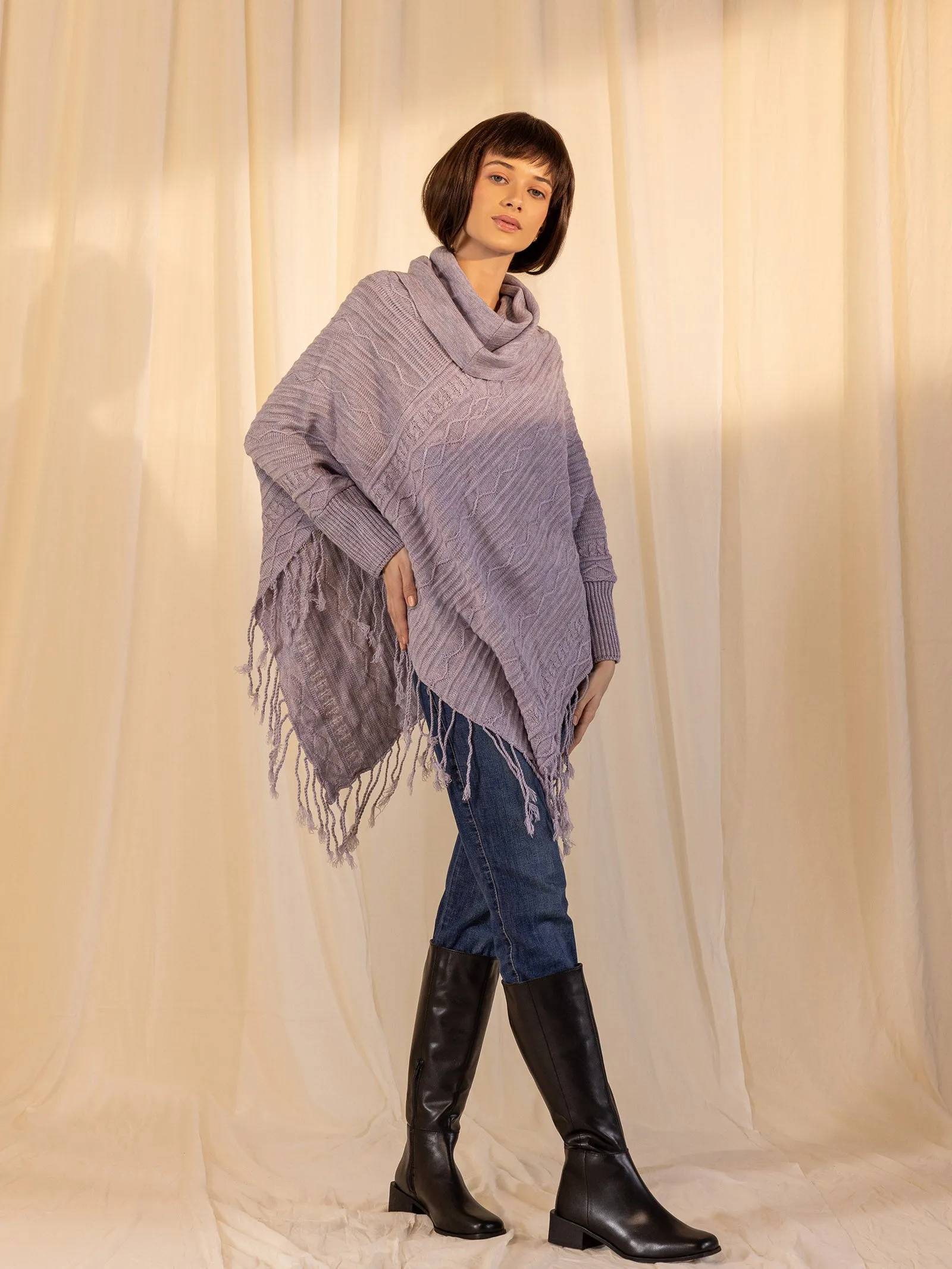 Woolen Cowl Neck Poncho - Lilac