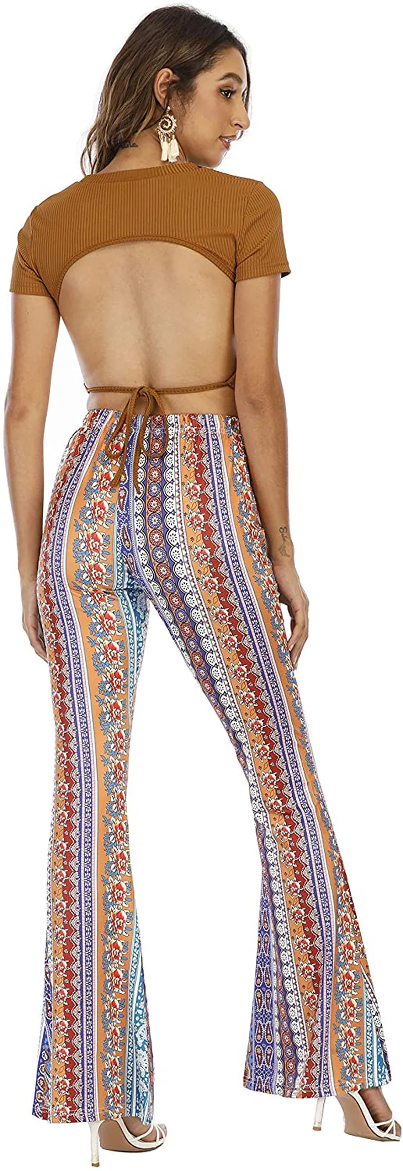 WSPLYSPJY Women's Print Stretch Bell Bottom Flare Palazzo Pants Trousers