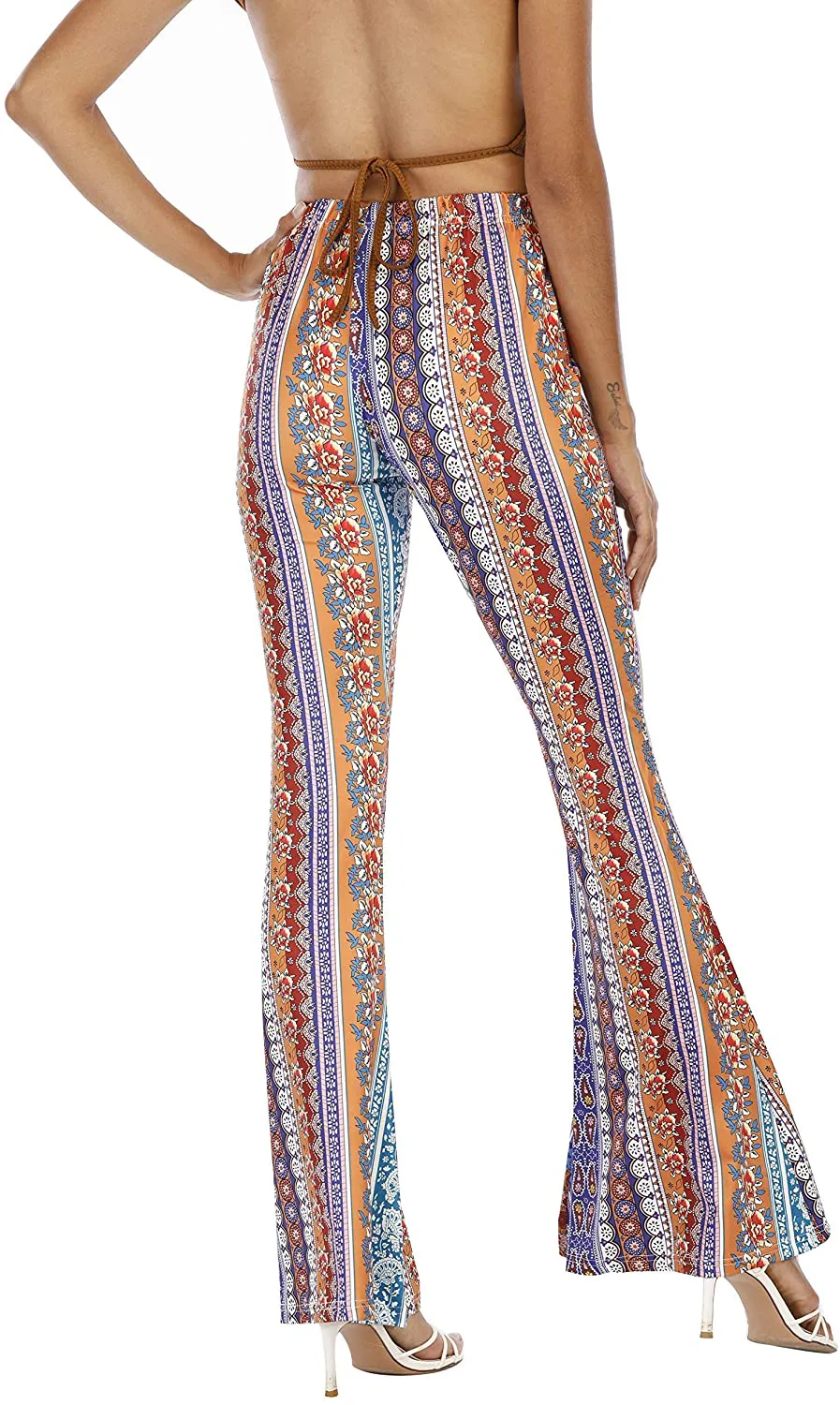 WSPLYSPJY Women's Print Stretch Bell Bottom Flare Palazzo Pants Trousers