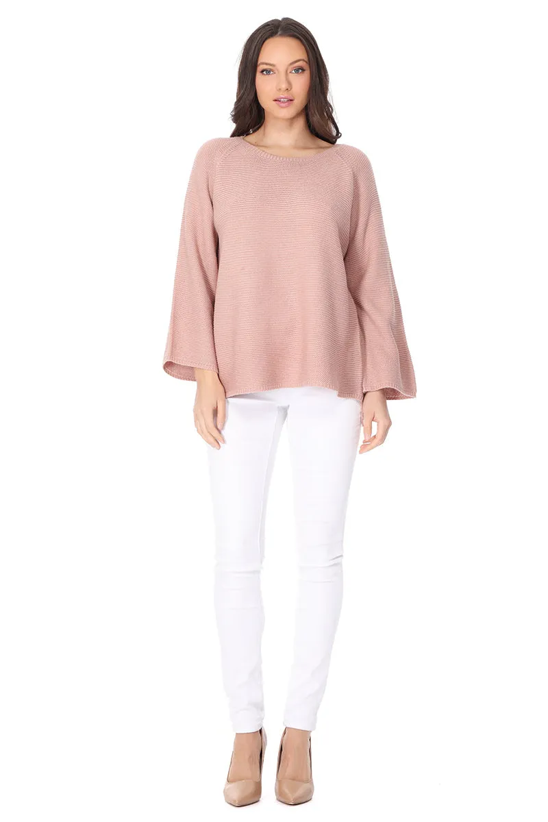 Yemak Women's Boat Neck Bell Sleeve Vented Hem Pullover Sweater MK8200