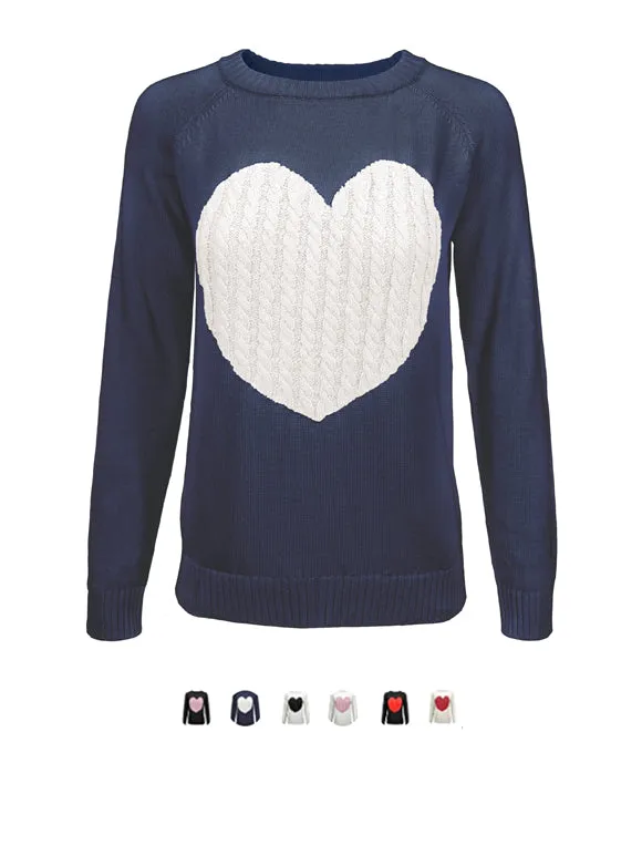 YEMAK Women's Long Sleeve Crewneck Cute Heart Cable Knit Pullover Sweater MK3506 (S-L)