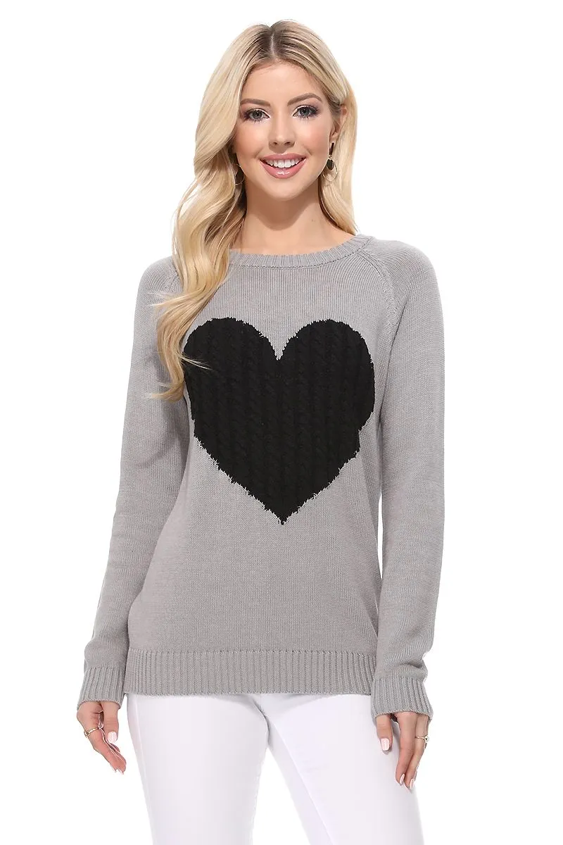 YEMAK Women's Long Sleeve Crewneck Cute Heart Cable Knit Pullover Sweater MK3506 (S-L)