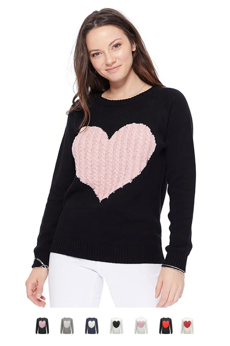 YEMAK Women's Long Sleeve Crewneck Cute Heart Cable Knit Pullover Sweater MK3506 (S-L)