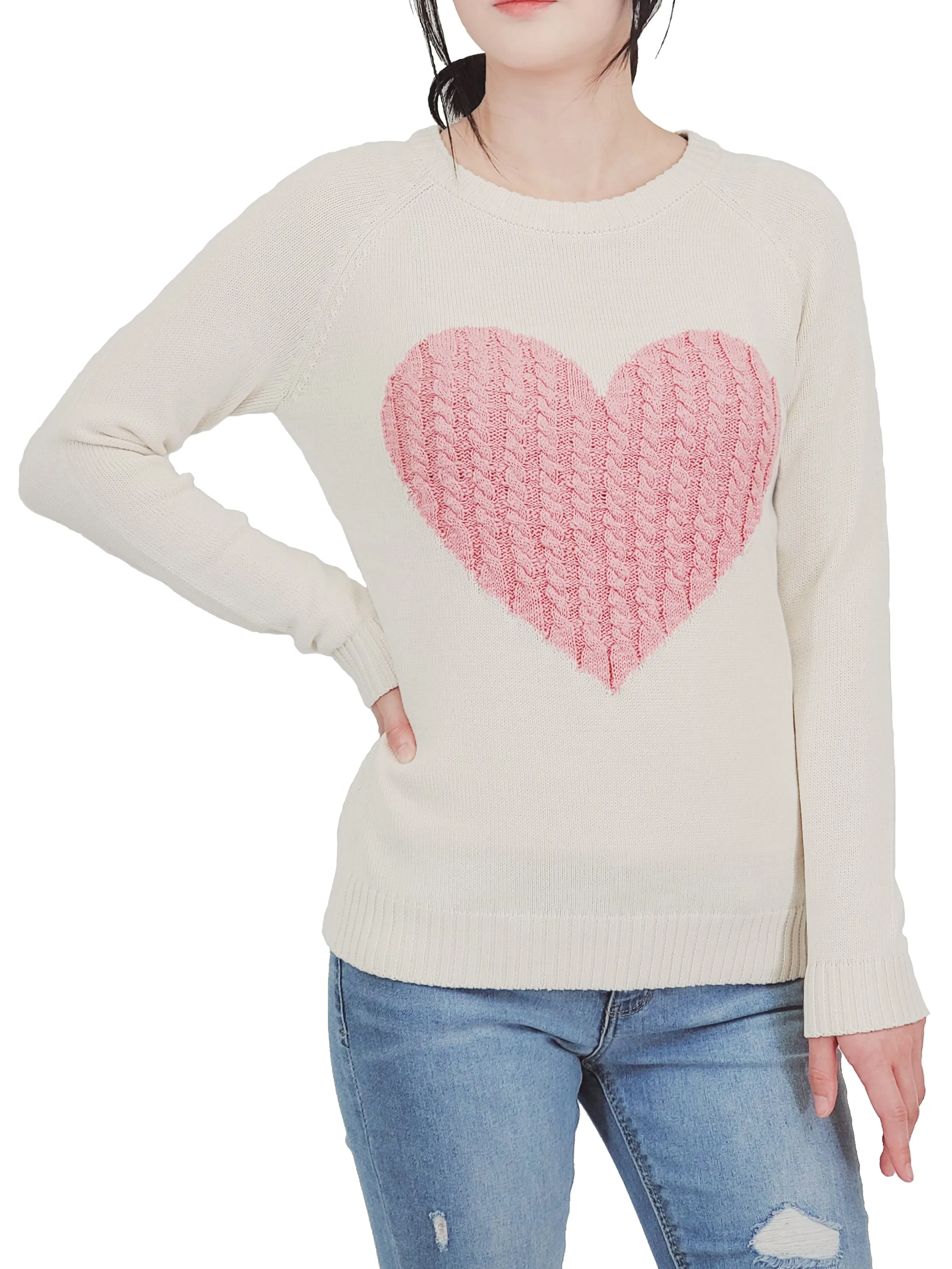 YEMAK Women's Long Sleeve Crewneck Cute Heart Cable Knit Pullover Sweater MK3506 (S-L)