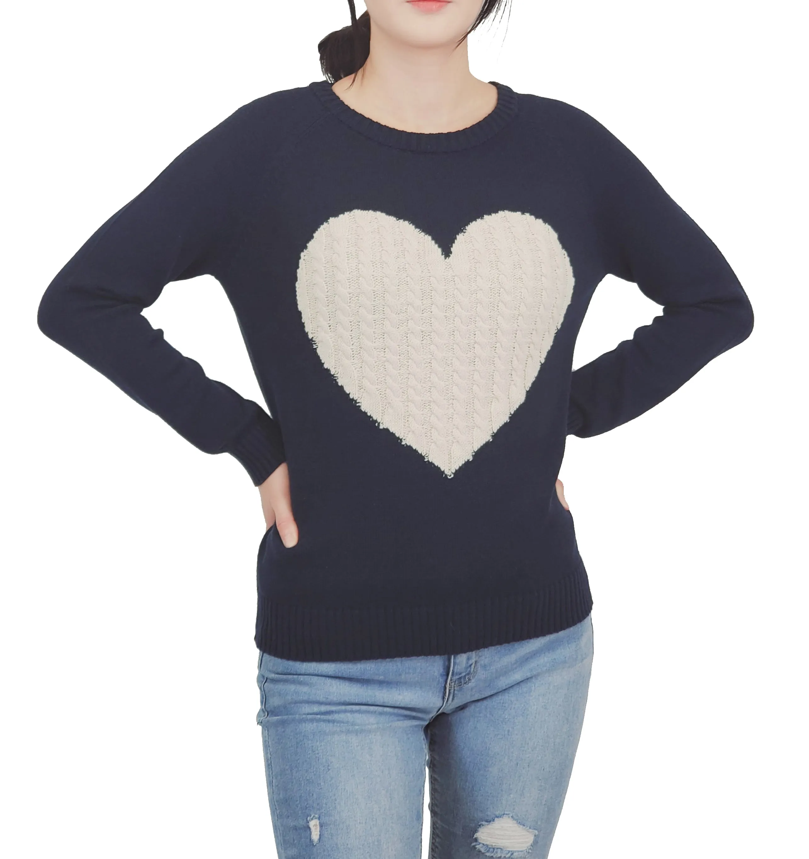 YEMAK Women's Long Sleeve Crewneck Cute Heart Cable Knit Pullover Sweater MK3506 (S-L)