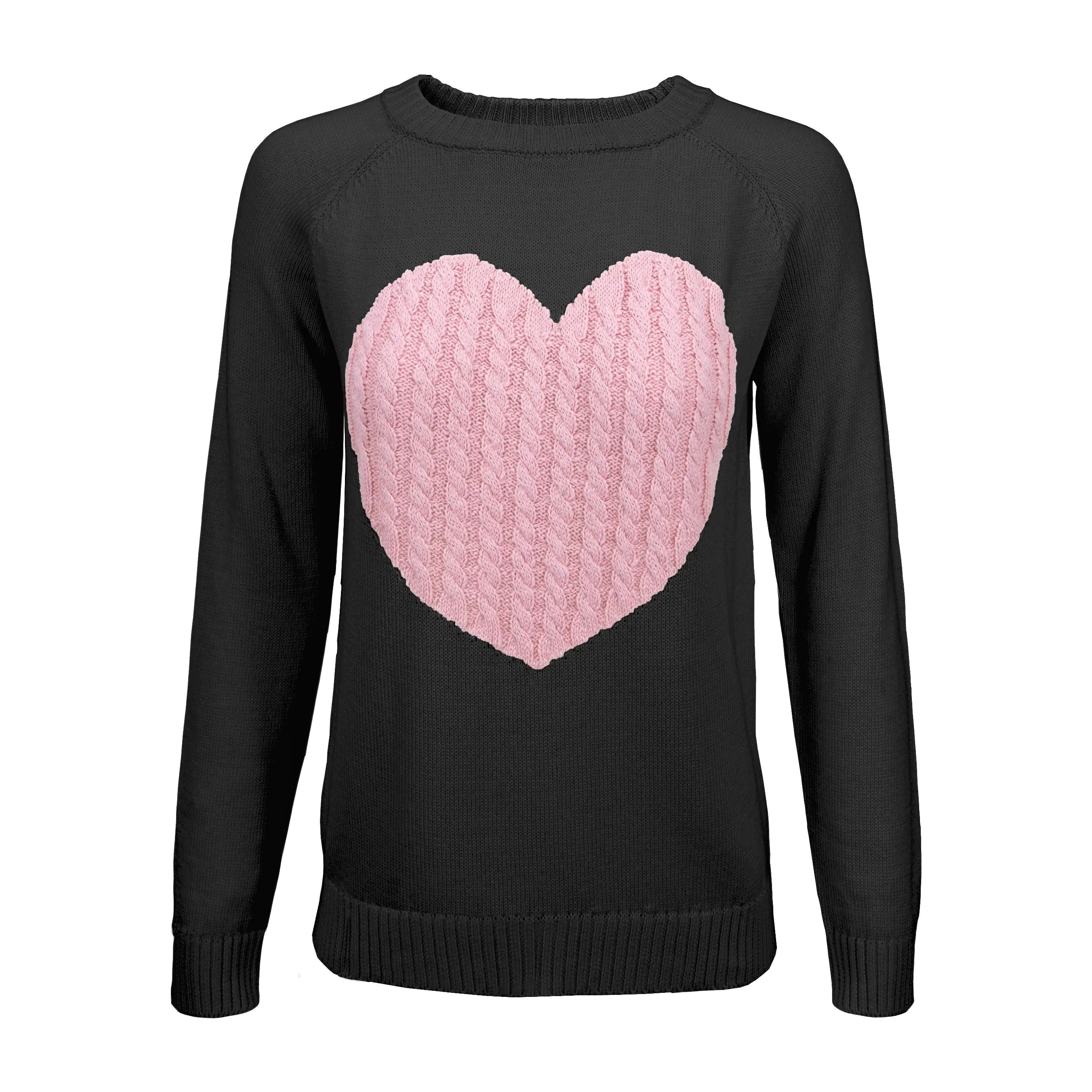 YEMAK Women's Long Sleeve Crewneck Cute Heart Cable Knit Pullover Sweater MK3506 (S-L)