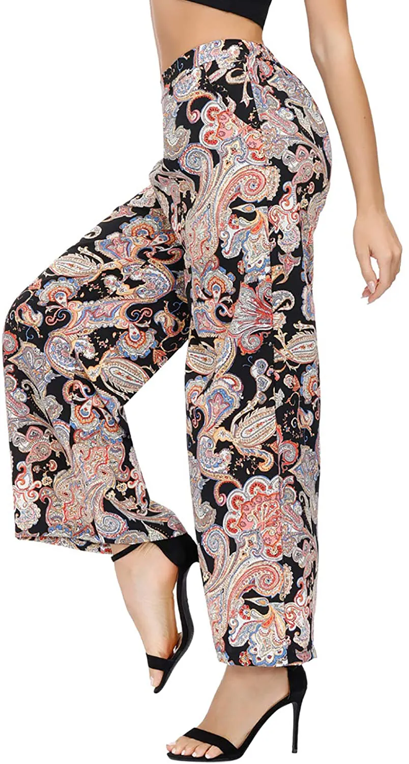 Zexxxy Womens Paisley Printed Wide Leg Pants Elastic Waist Casual Trousers with Pockets Loose Comfy Bottoms