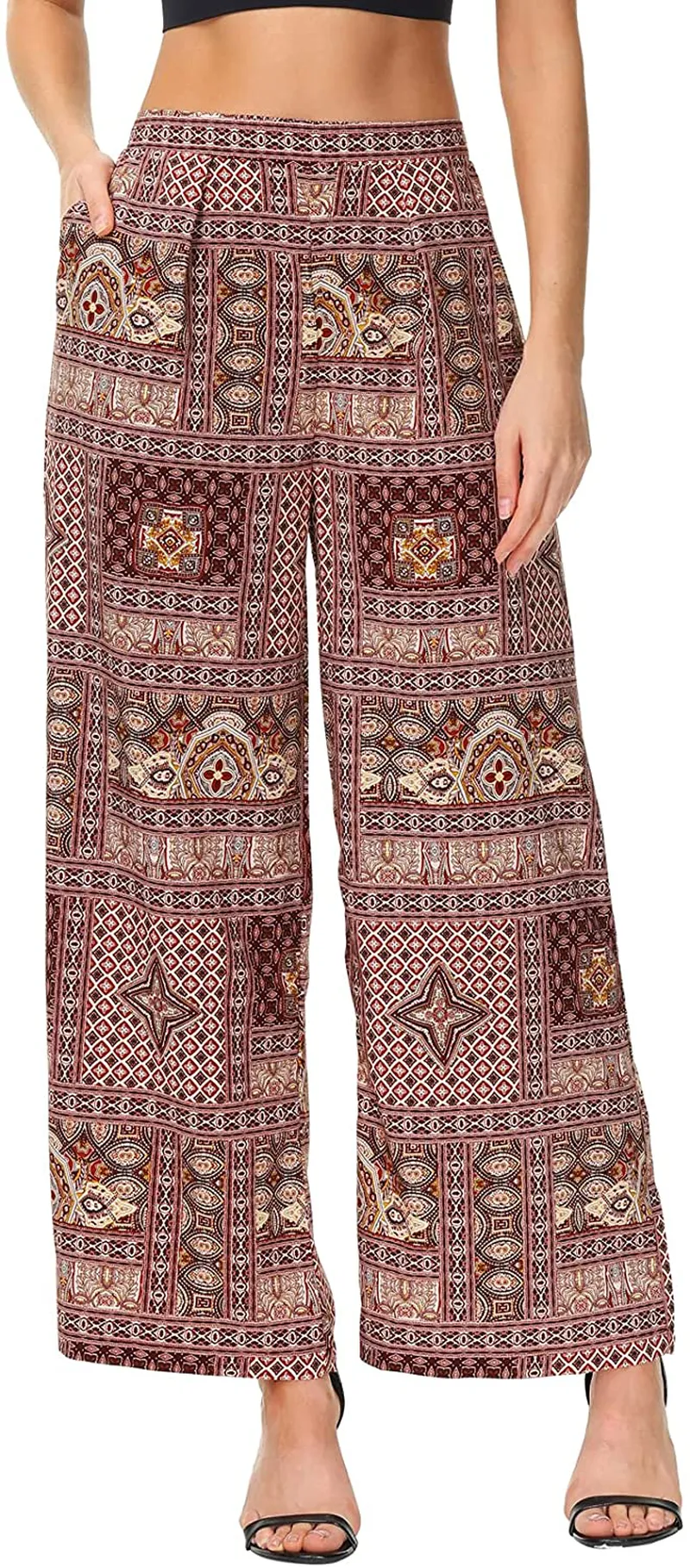 Zexxxy Womens Paisley Printed Wide Leg Pants Elastic Waist Casual Trousers with Pockets Loose Comfy Bottoms