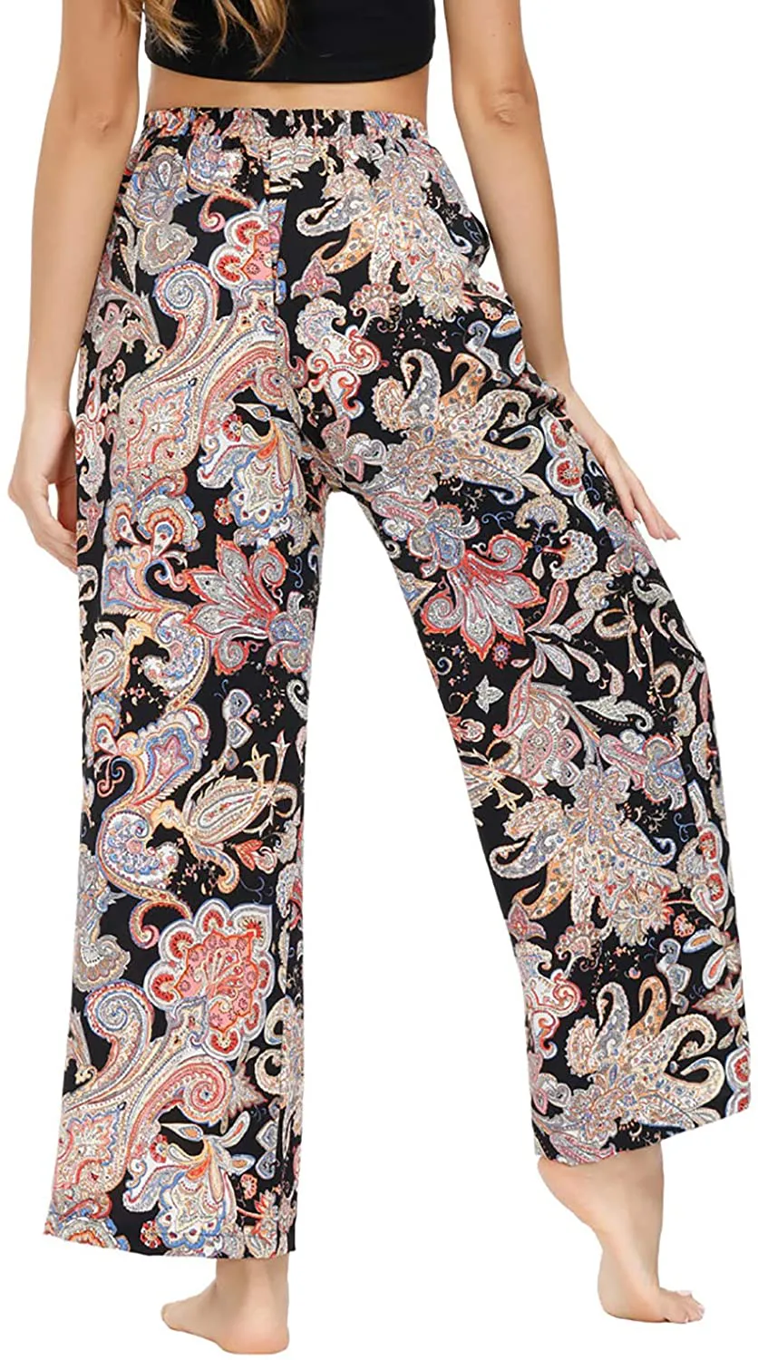 Zexxxy Womens Paisley Printed Wide Leg Pants Elastic Waist Casual Trousers with Pockets Loose Comfy Bottoms