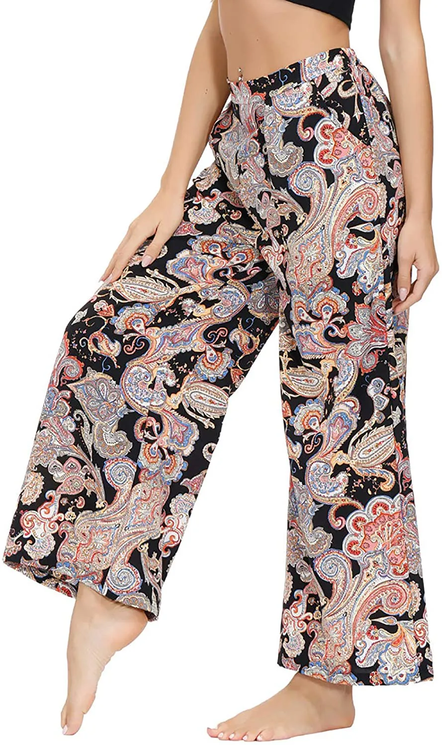 Zexxxy Womens Paisley Printed Wide Leg Pants Elastic Waist Casual Trousers with Pockets Loose Comfy Bottoms